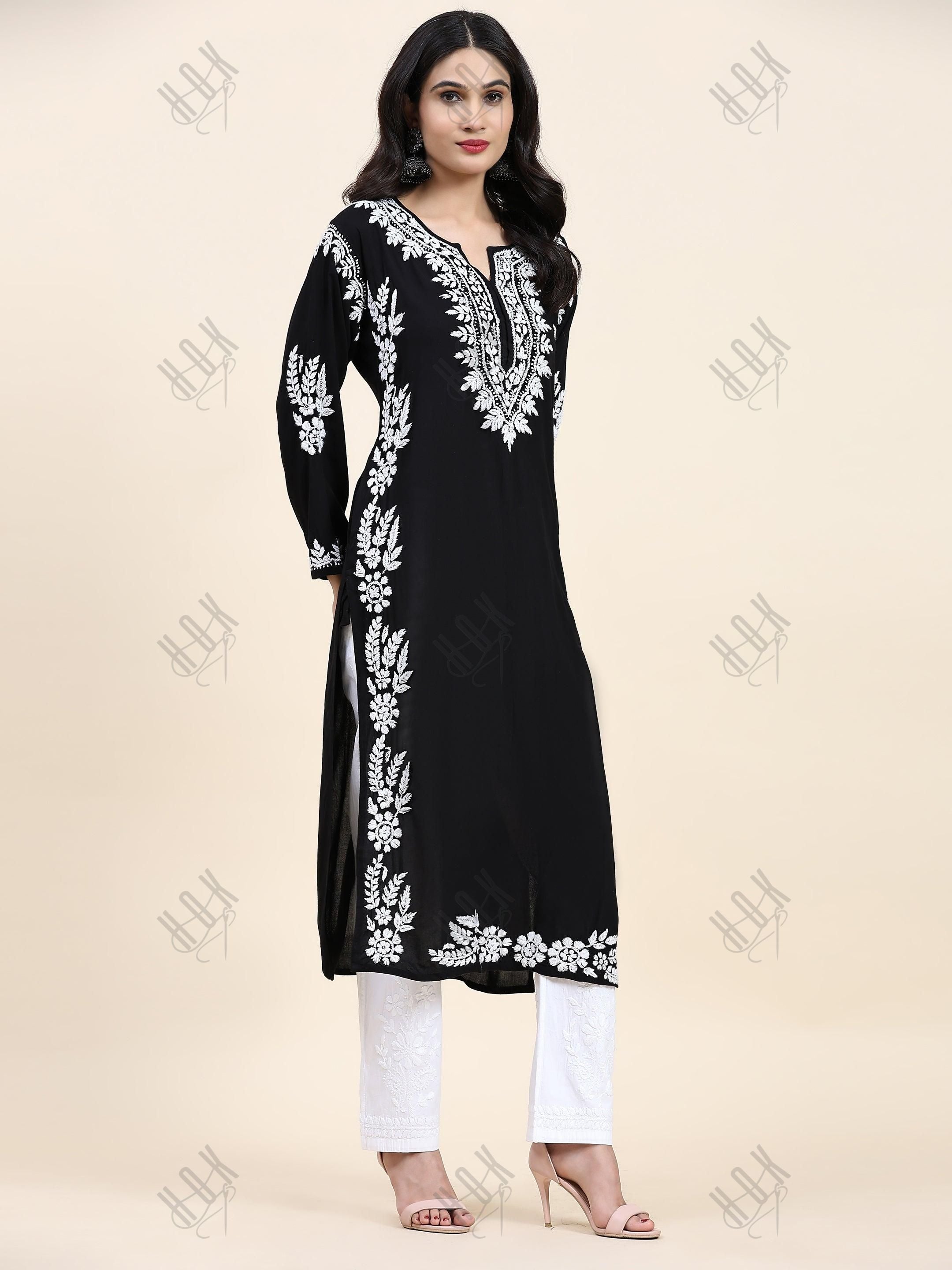 Aditi in HOK Chikankari Long Kurta in Rayon Cotton for Women- Black - House Of Kari (Chikankari Clothing)