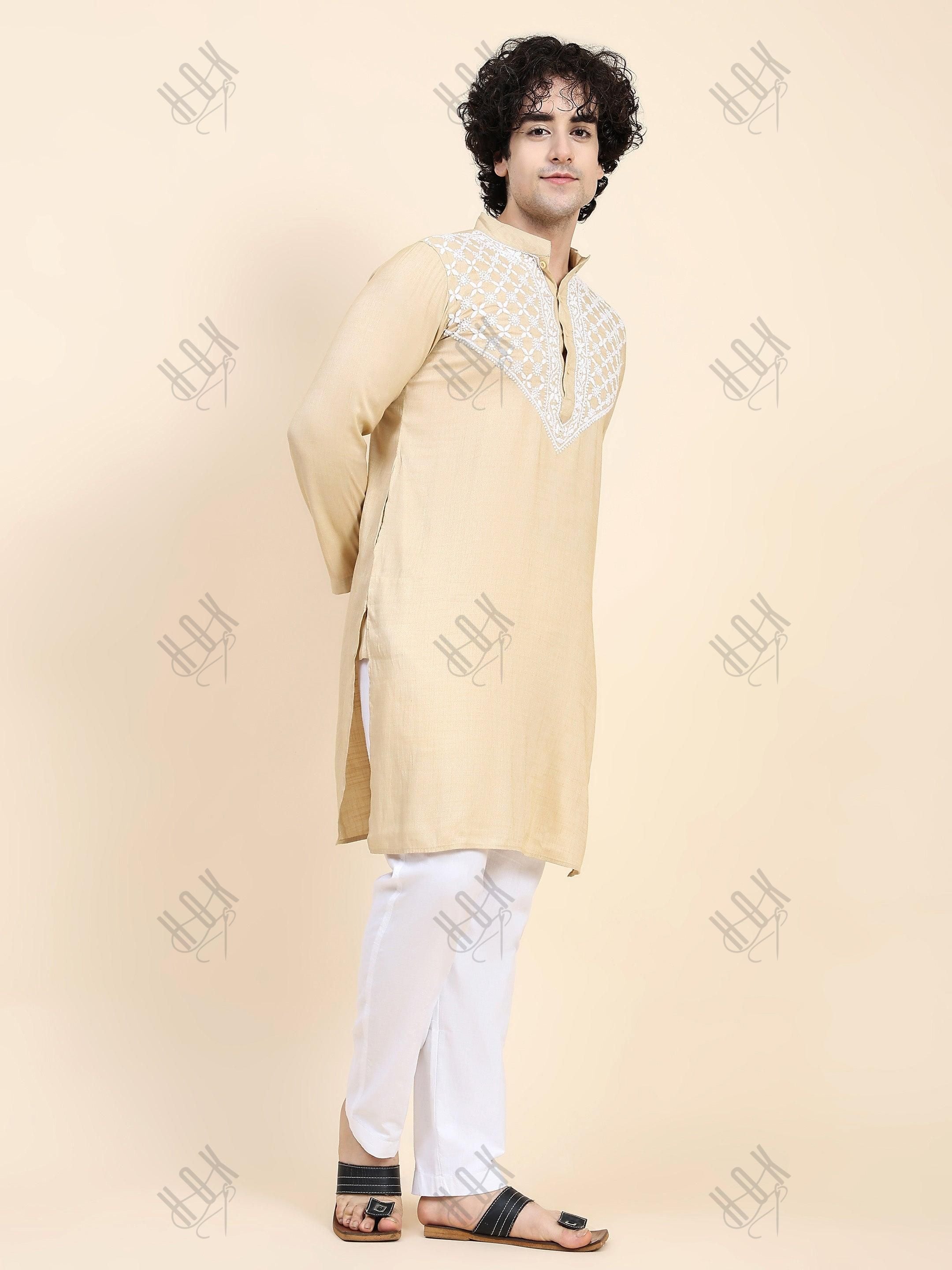 HOK Men's Chikankari Kurta in Cotton Silk Blend - Beige - House Of Kari (Chikankari Clothing)