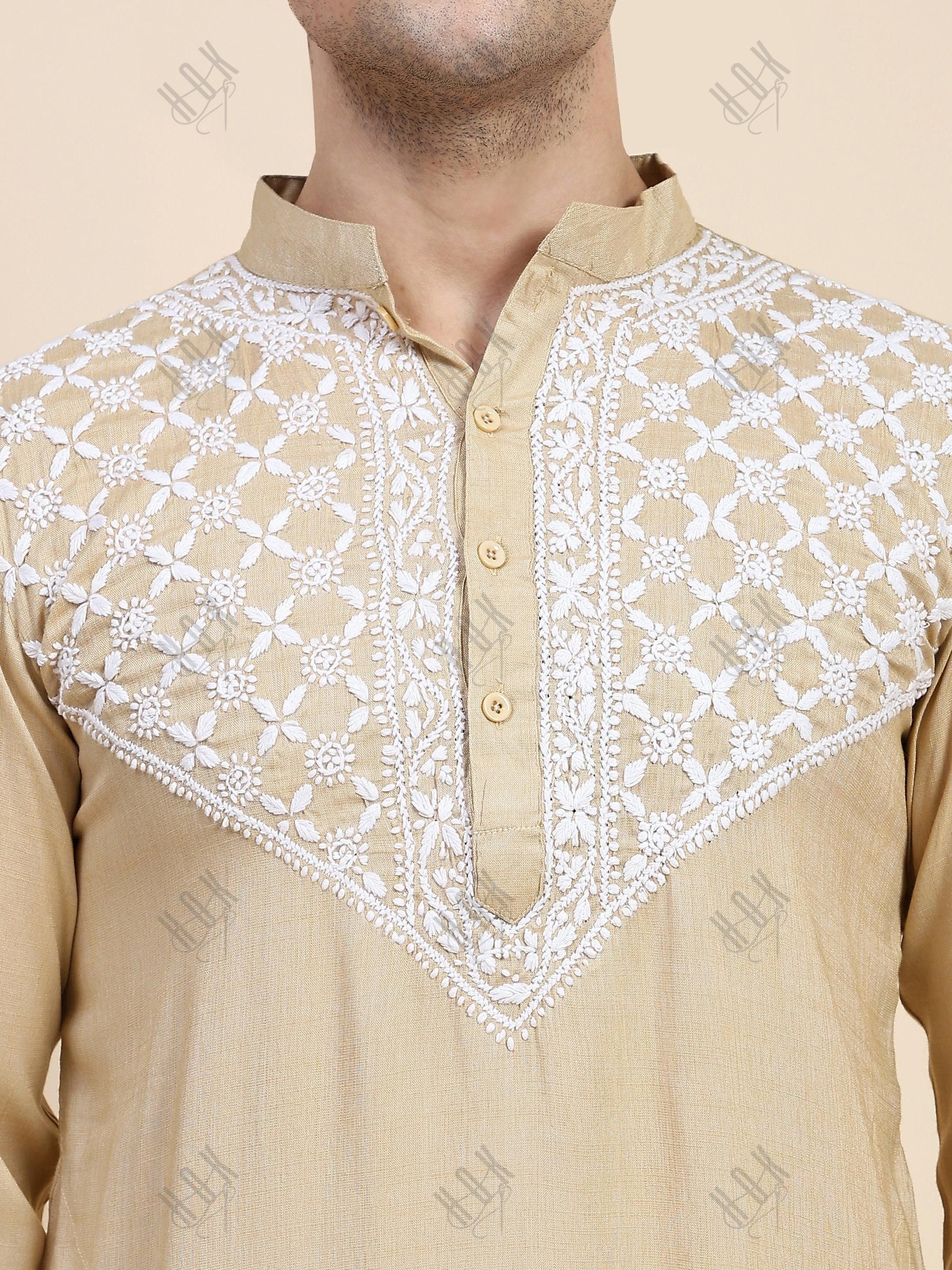 HOK Men's Chikankari Kurta in Cotton Silk Blend - Beige - House Of Kari (Chikankari Clothing)