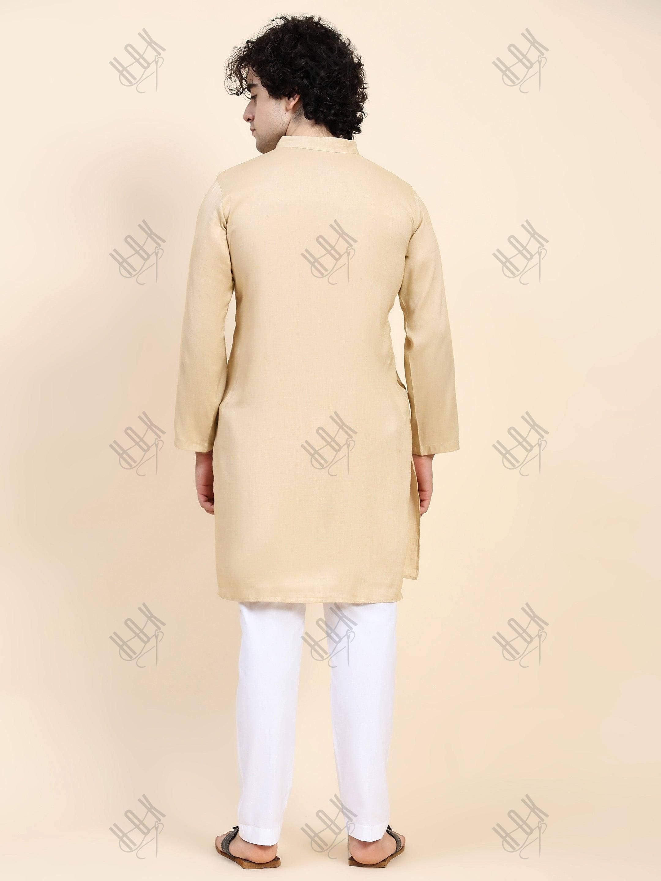 HOK Men's Chikankari Kurta in Cotton Silk Blend - Beige - House Of Kari (Chikankari Clothing)