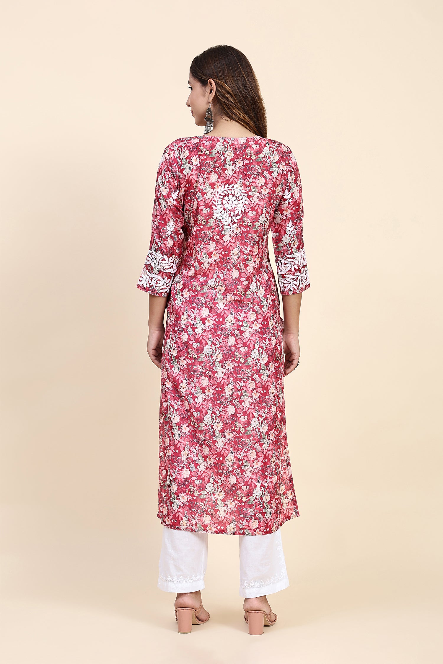 Fizaa Chikankari Long Kurta in Muslin Cotton for Women- Red Print