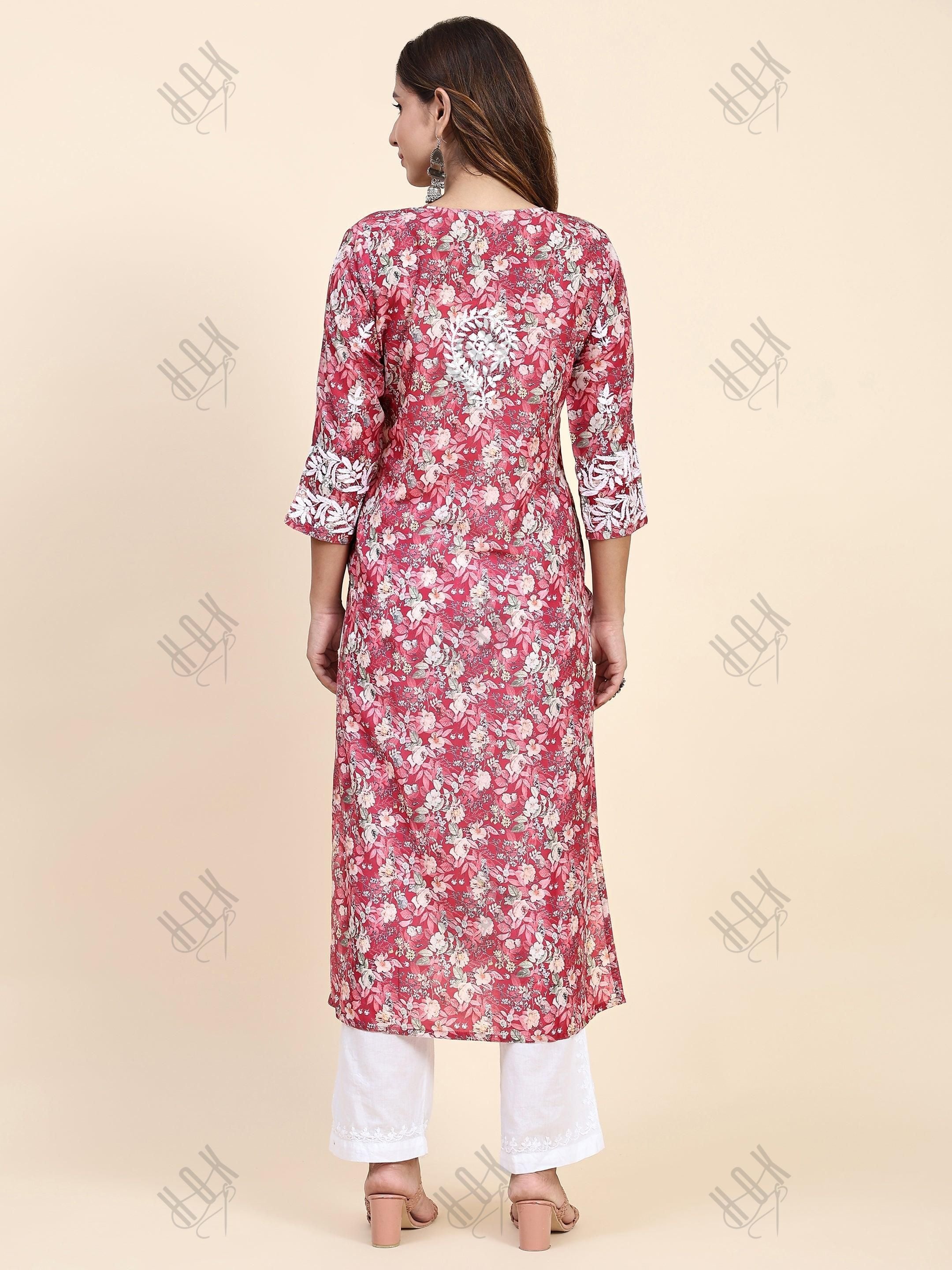 Shivani in Chikankari Long Kurta in Muslin Cotton for Women- Red Print - House Of Kari (Chikankari Clothing)