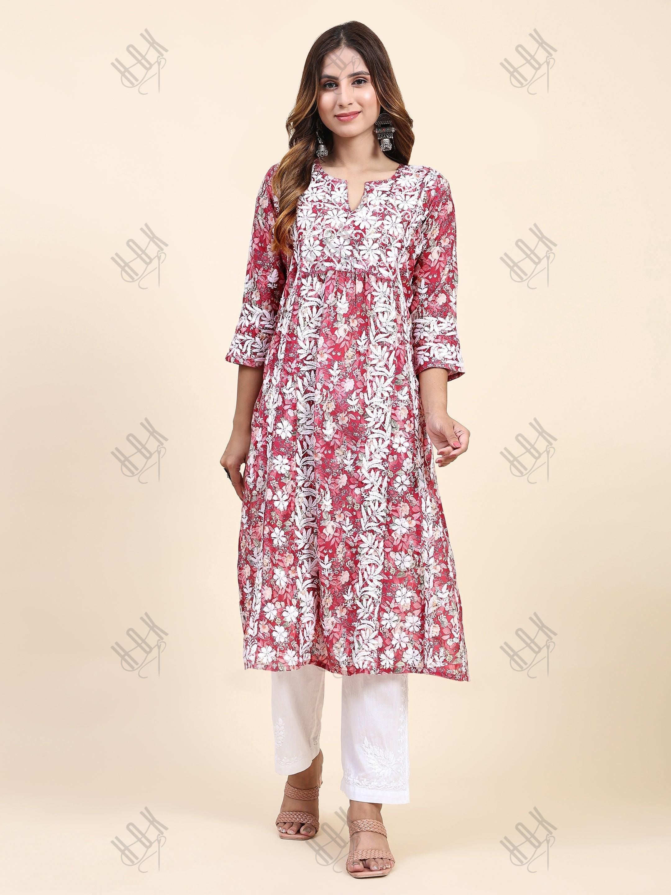 Shivani in Chikankari Long Kurta in Muslin Cotton for Women- Red Print - House Of Kari (Chikankari Clothing)