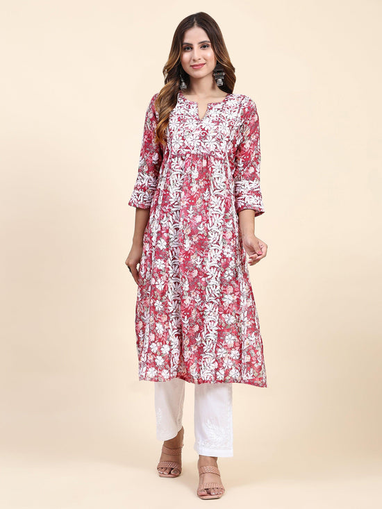 Shivani in Chikankari Long Kurta in Muslin Cotton for Women- Red Print - House Of Kari (Chikankari Clothing)