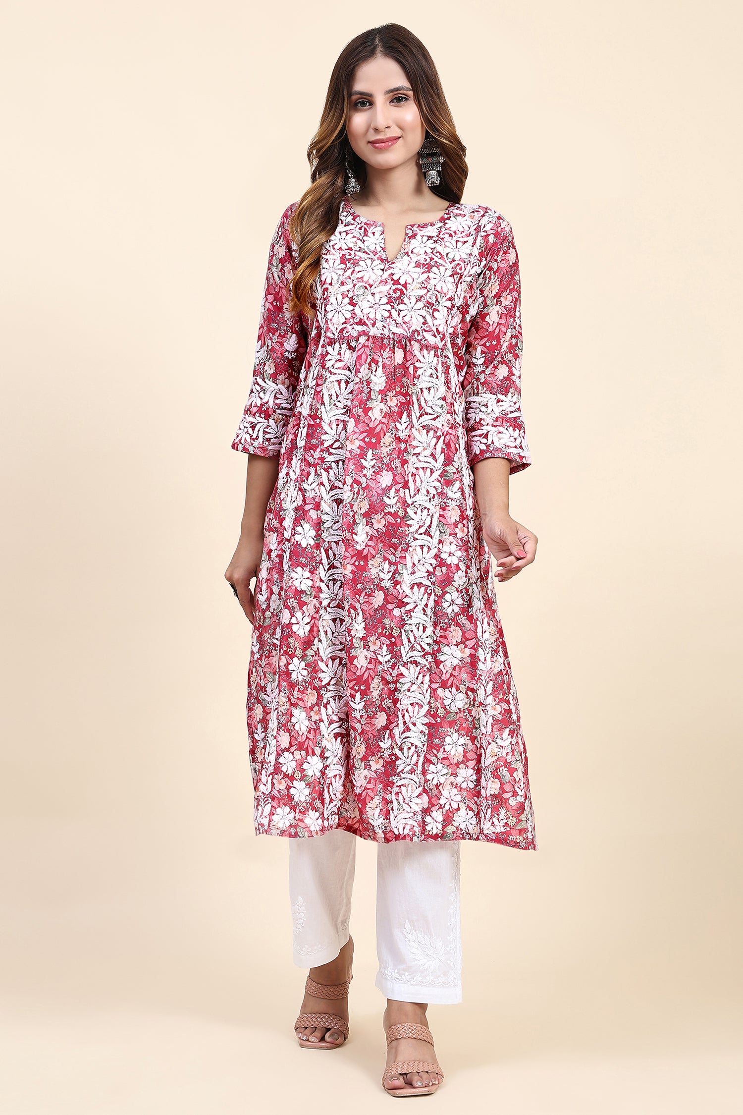 Fizaa Chikankari Long Kurta in Muslin Cotton for Women- Red Print