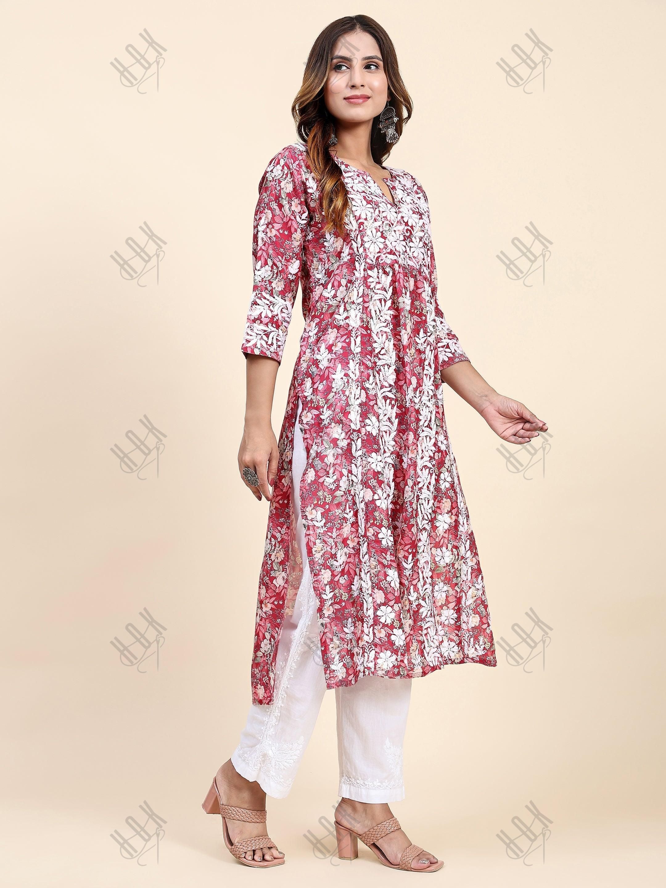 Shivani in Chikankari Long Kurta in Muslin Cotton for Women- Red Print - House Of Kari (Chikankari Clothing)