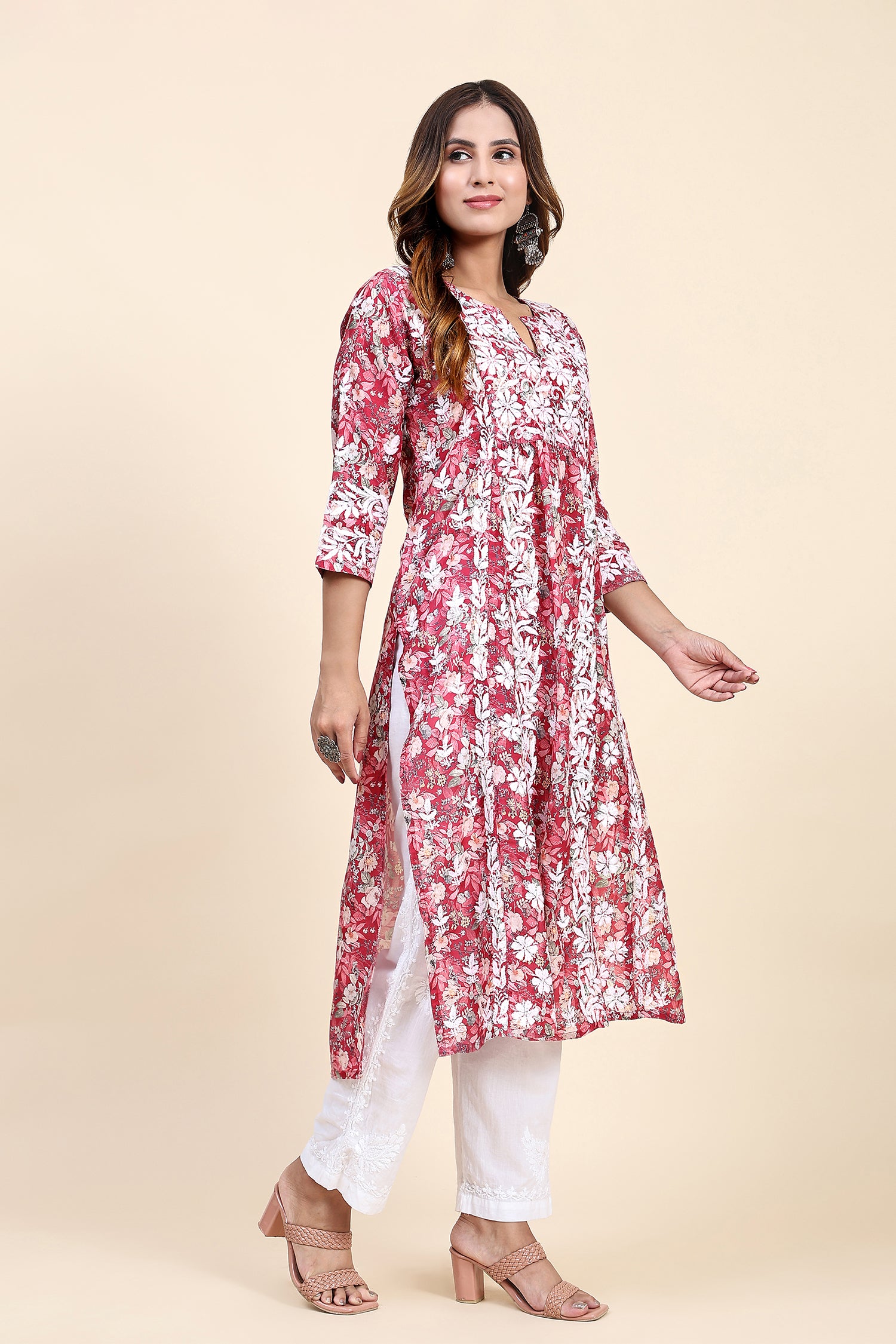 Fizaa Chikankari Long Kurta in Muslin Cotton for Women- Red Print