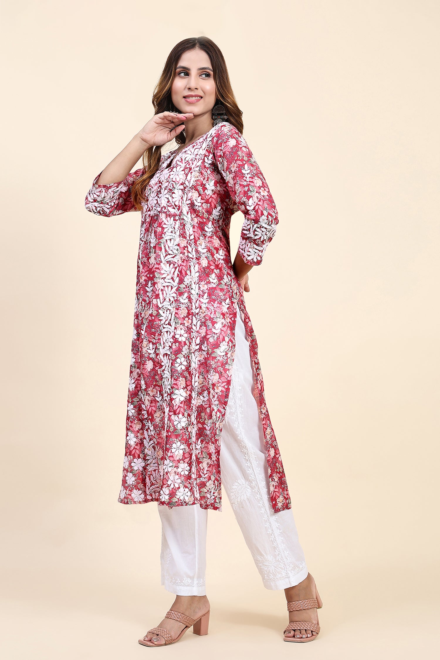 Fizaa Chikankari Long Kurta in Muslin Cotton for Women- Red Print