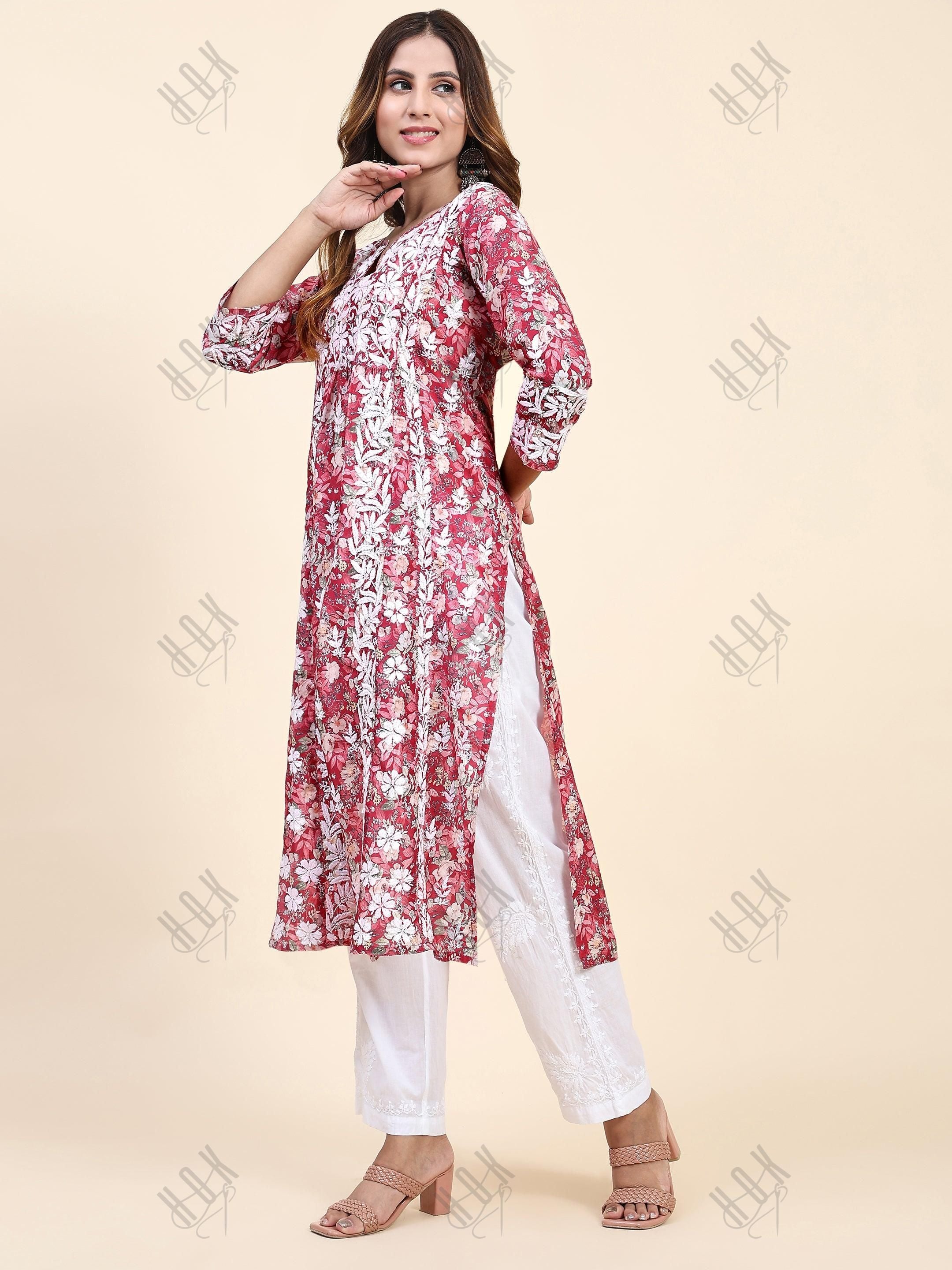 Fizaa Chikankari Long Kurta in Muslin Cotton for Women- Red Print - House Of Kari (Chikankari Clothing)