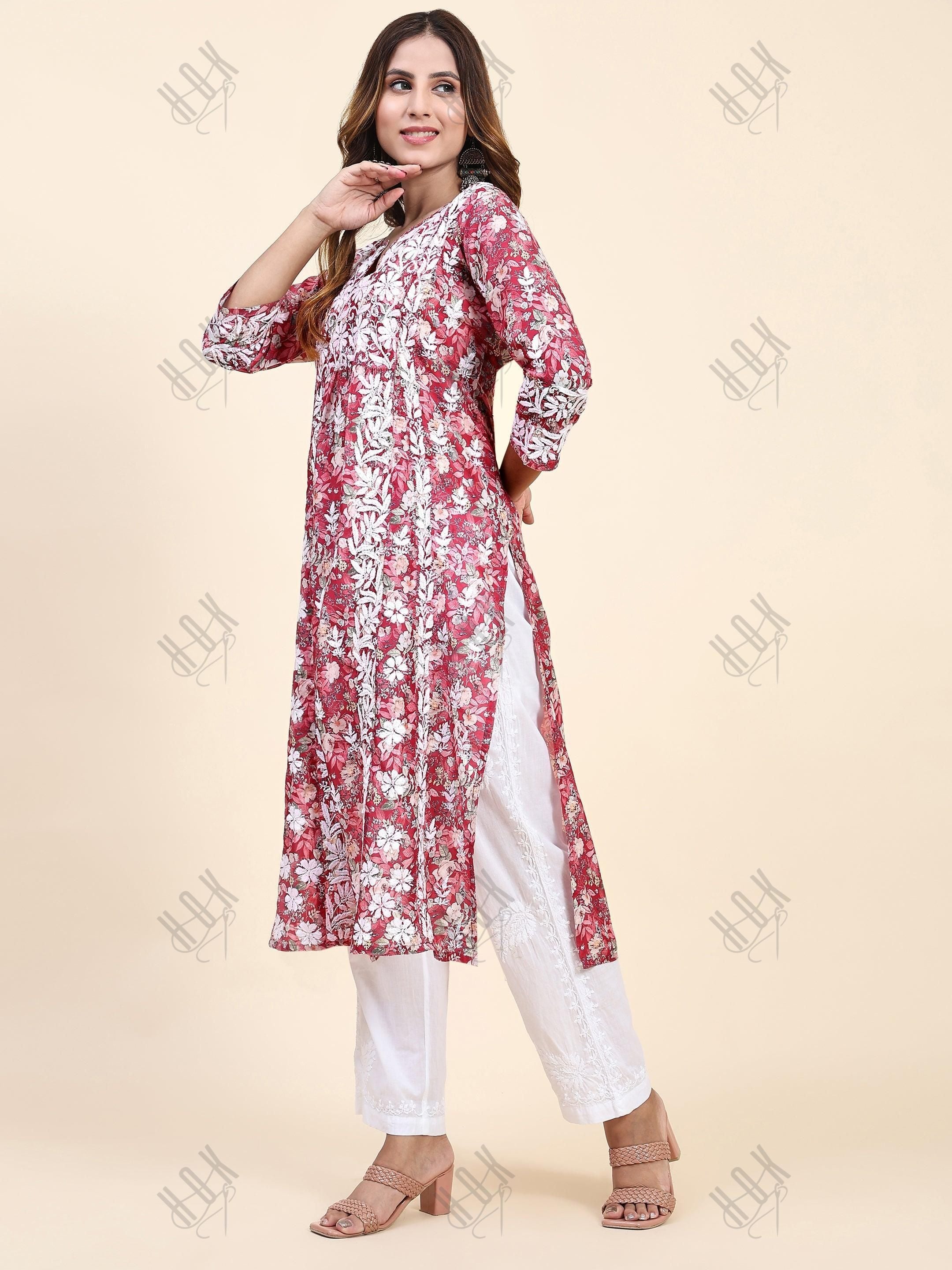 Shivani in Chikankari Long Kurta in Muslin Cotton for Women- Red Print - House Of Kari (Chikankari Clothing)