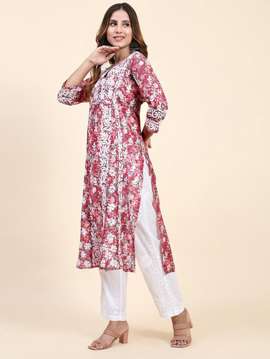Shivani in Chikankari Long Kurta in Muslin Cotton for Women- Red Print - House Of Kari (Chikankari Clothing)