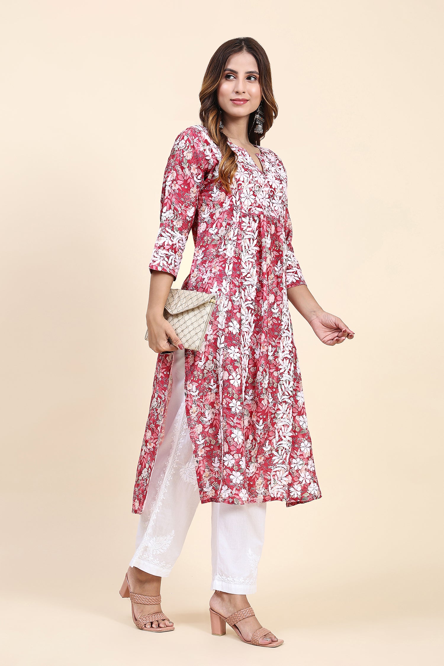 Fizaa Chikankari Long Kurta in Muslin Cotton for Women- Red Print