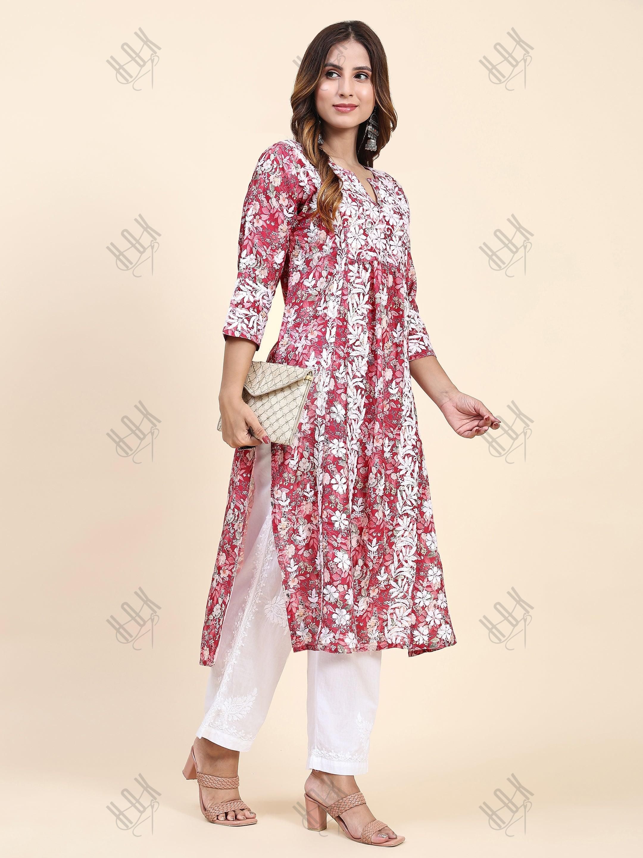 Fizaa Chikankari Long Kurta in Muslin Cotton for Women- Red Print - House Of Kari (Chikankari Clothing)