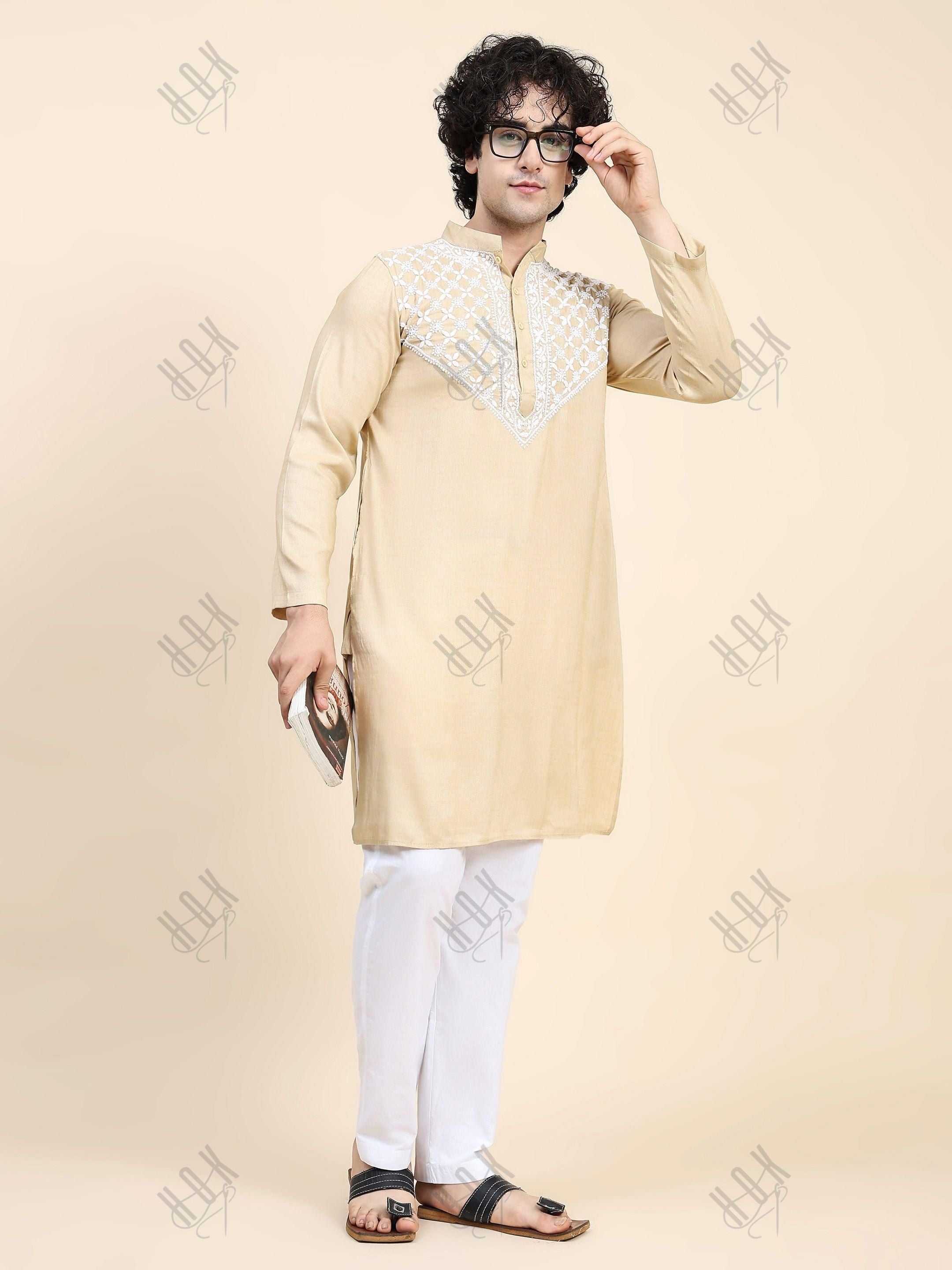 HOK Men's Chikankari Kurta in Cotton Silk Blend - Beige - House Of Kari (Chikankari Clothing)