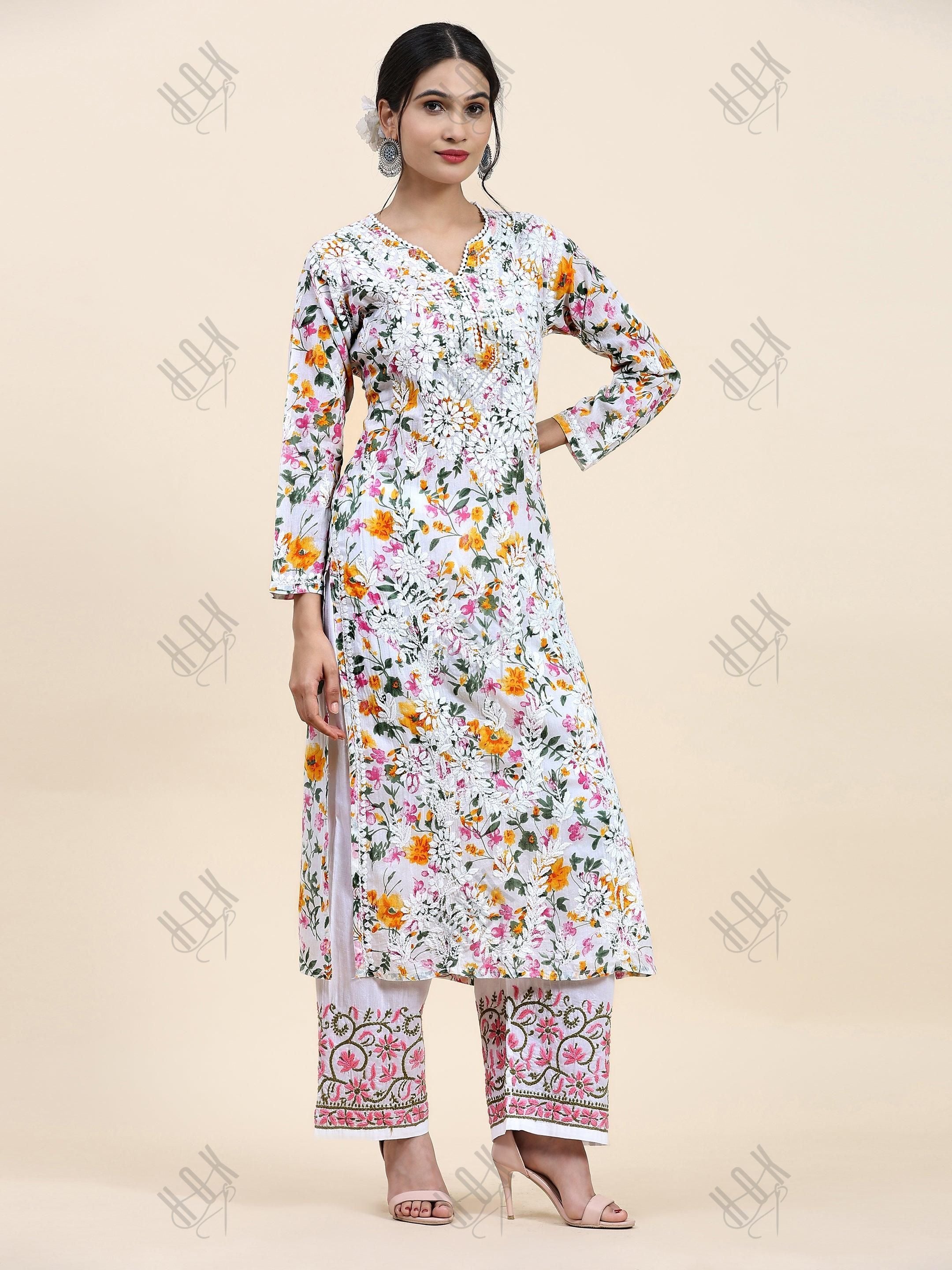 Samma Chikankari Long Kurta in Mul Cotton for Women - Yellow with Purple Flower - House Of Kari (Chikankari Clothing)