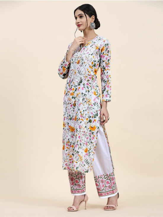 Samma Chikankari Long Kurta in Mul Cotton for Women - Yellow with Purple Flower - House Of Kari (Chikankari Clothing)