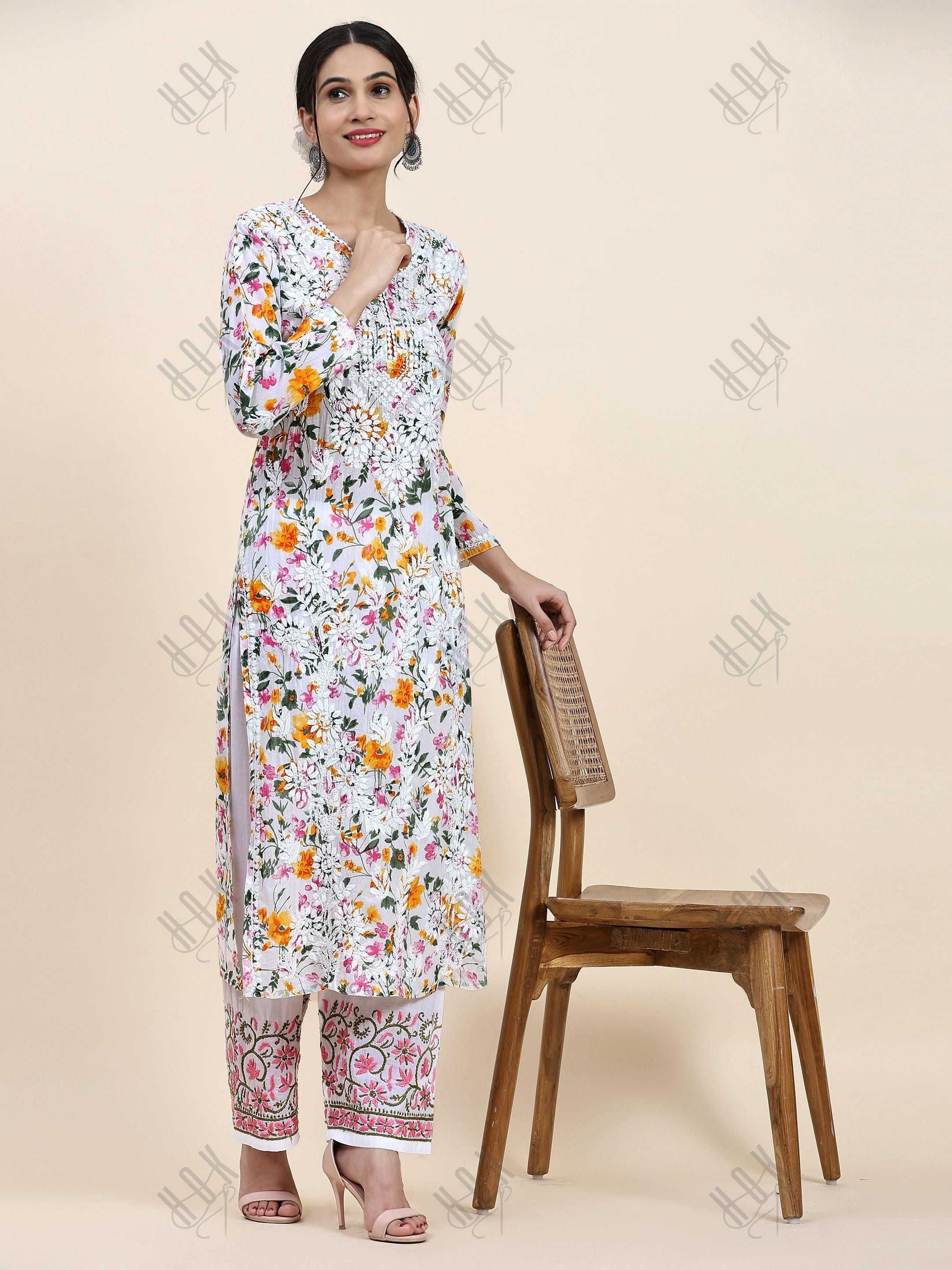 Samma Chikankari Long Kurta in Mul Cotton for Women - Yellow with Purple Flower - House Of Kari (Chikankari Clothing)