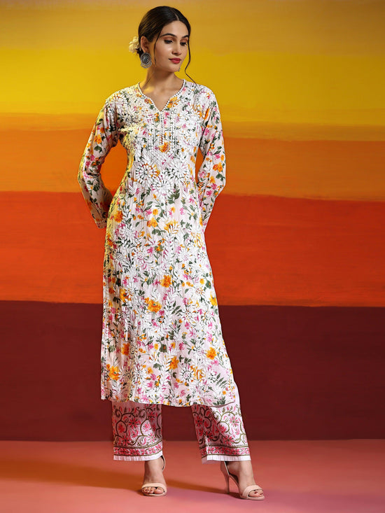 Samma Chikankari Long Kurta in Mul Cotton for Women - Yellow with Purple Flower - House Of Kari (Chikankari Clothing)