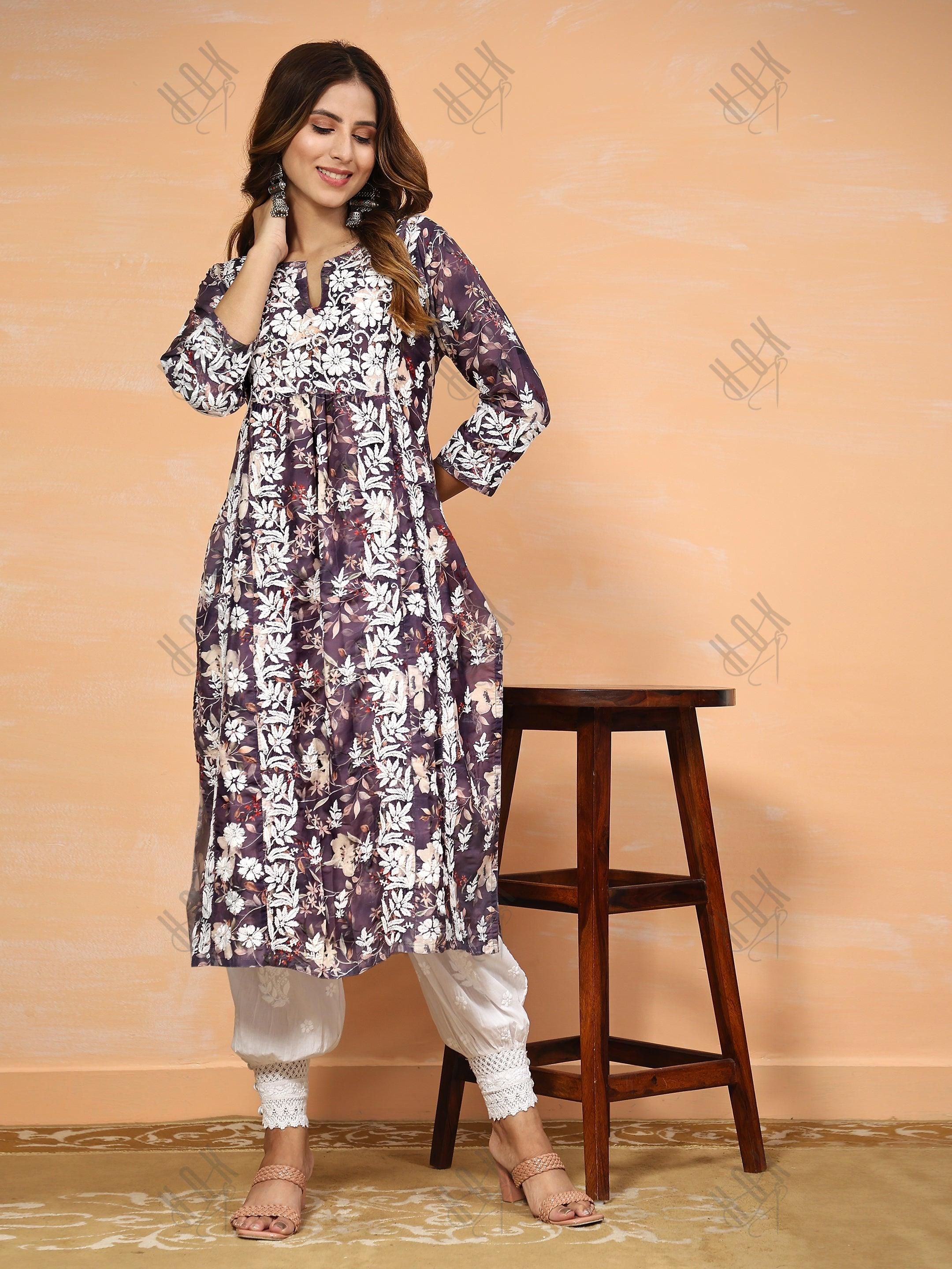 Fizaa Chikankari Long Kurta in Muslin Cotton for Women- Purple Print - House Of Kari (Chikankari Clothing)