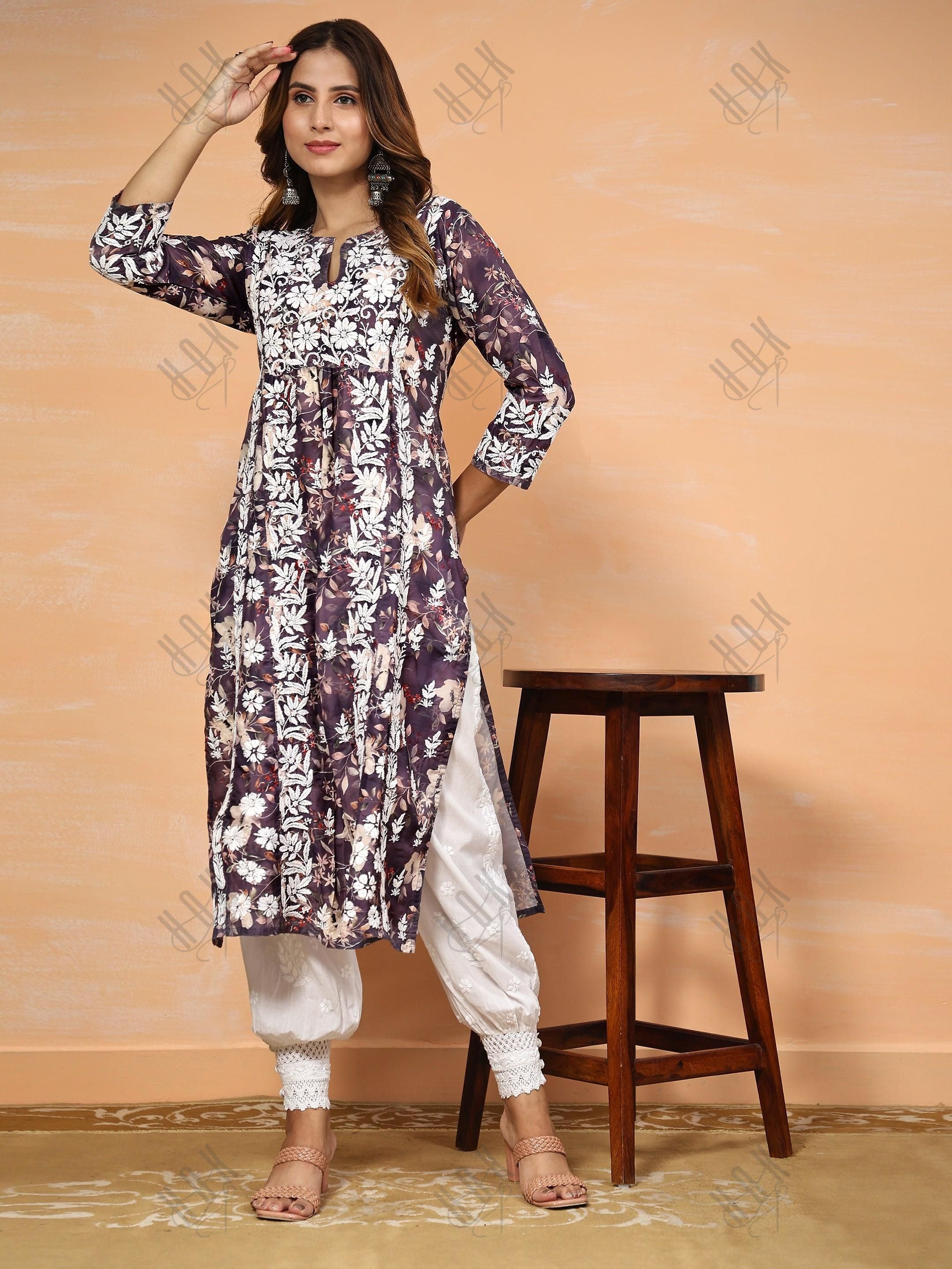 Fizaa Chikankari Long Kurta in Muslin Cotton for Women- Purple Print - House Of Kari (Chikankari Clothing)