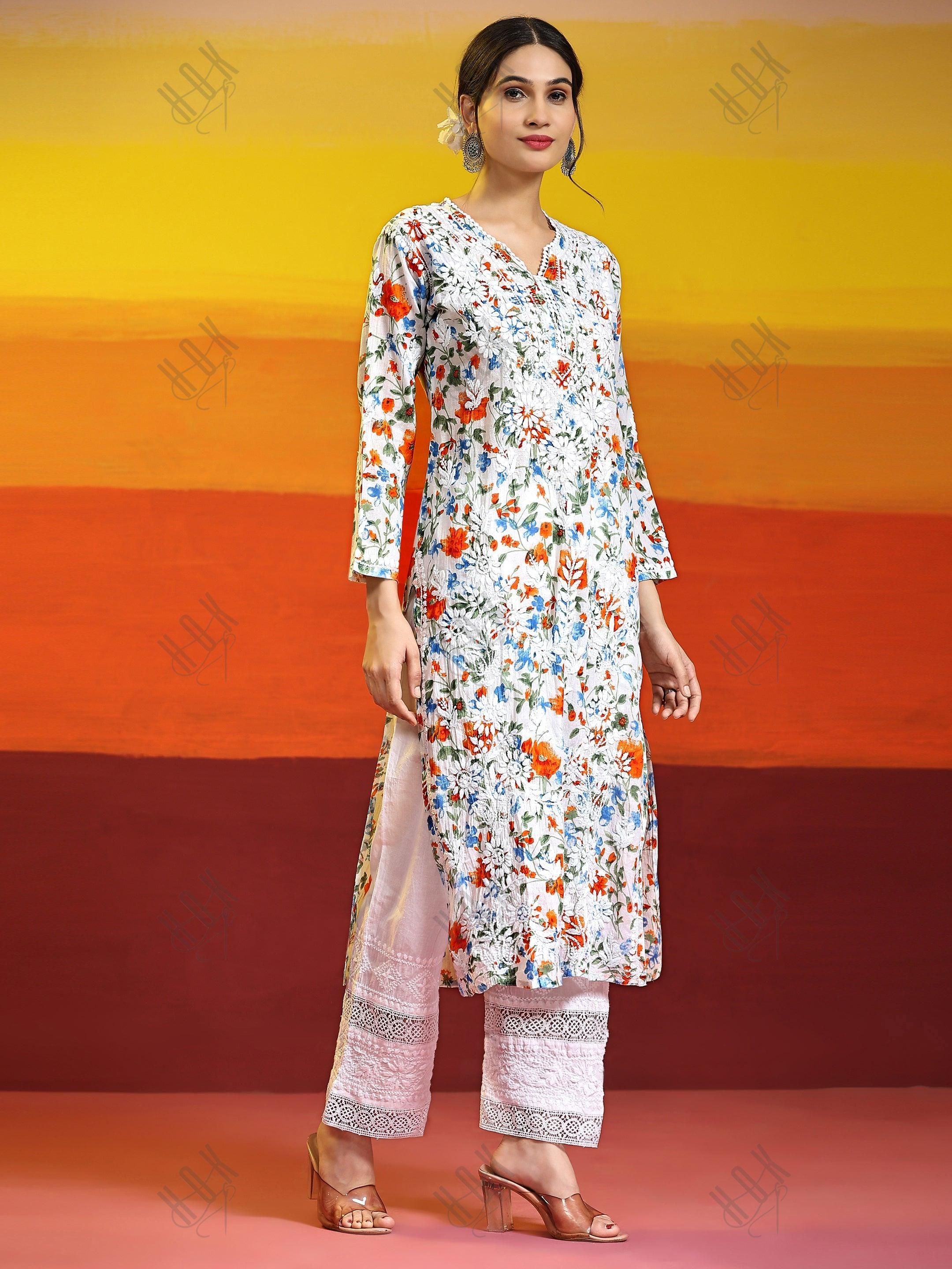 Samma Chikankari Long Kurta in Mul Cotton for Women - Blue with Orange Flower - House Of Kari (Chikankari Clothing)