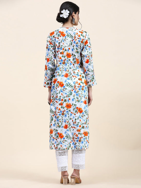 Samma Chikankari Long Kurta in Mul Cotton for Women - Blue with Orange Flower - House Of Kari (Chikankari Clothing)