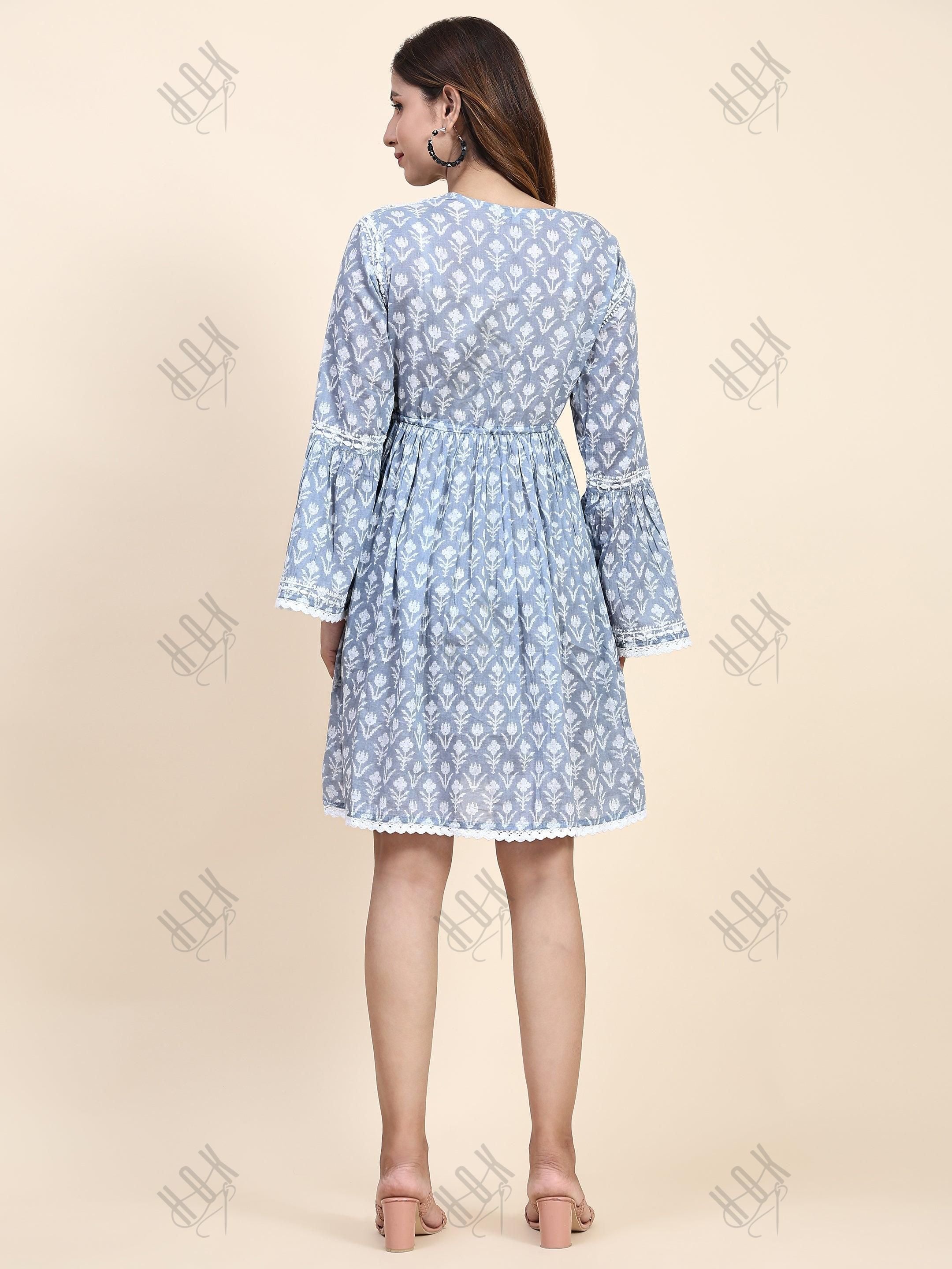 Samma C Chikankari Dress in Mul cotton -Blue - House Of Kari (Chikankari Clothing)