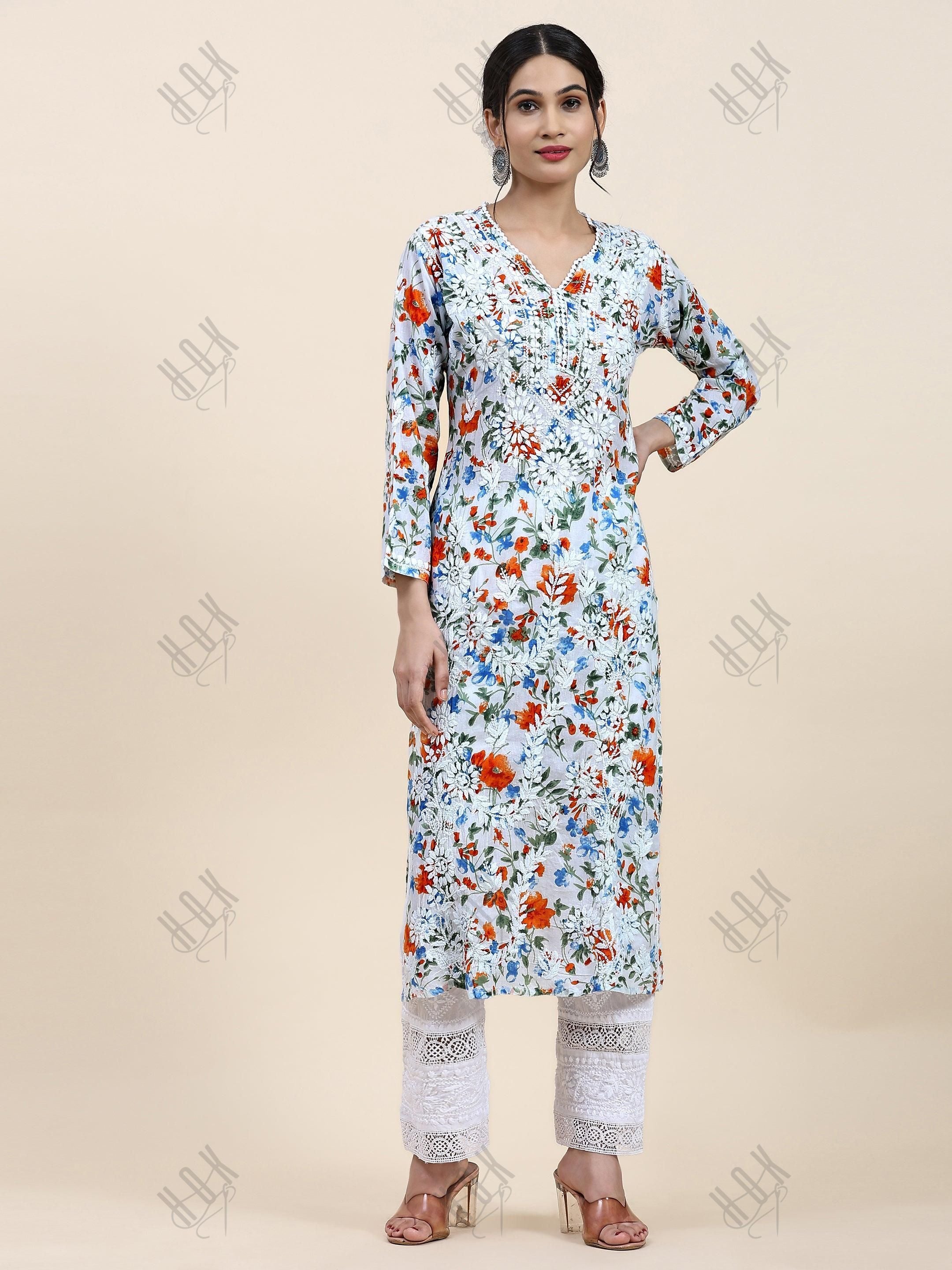 Samma Chikankari Long Kurta in Mul Cotton for Women - Blue with Orange Flower - House Of Kari (Chikankari Clothing)