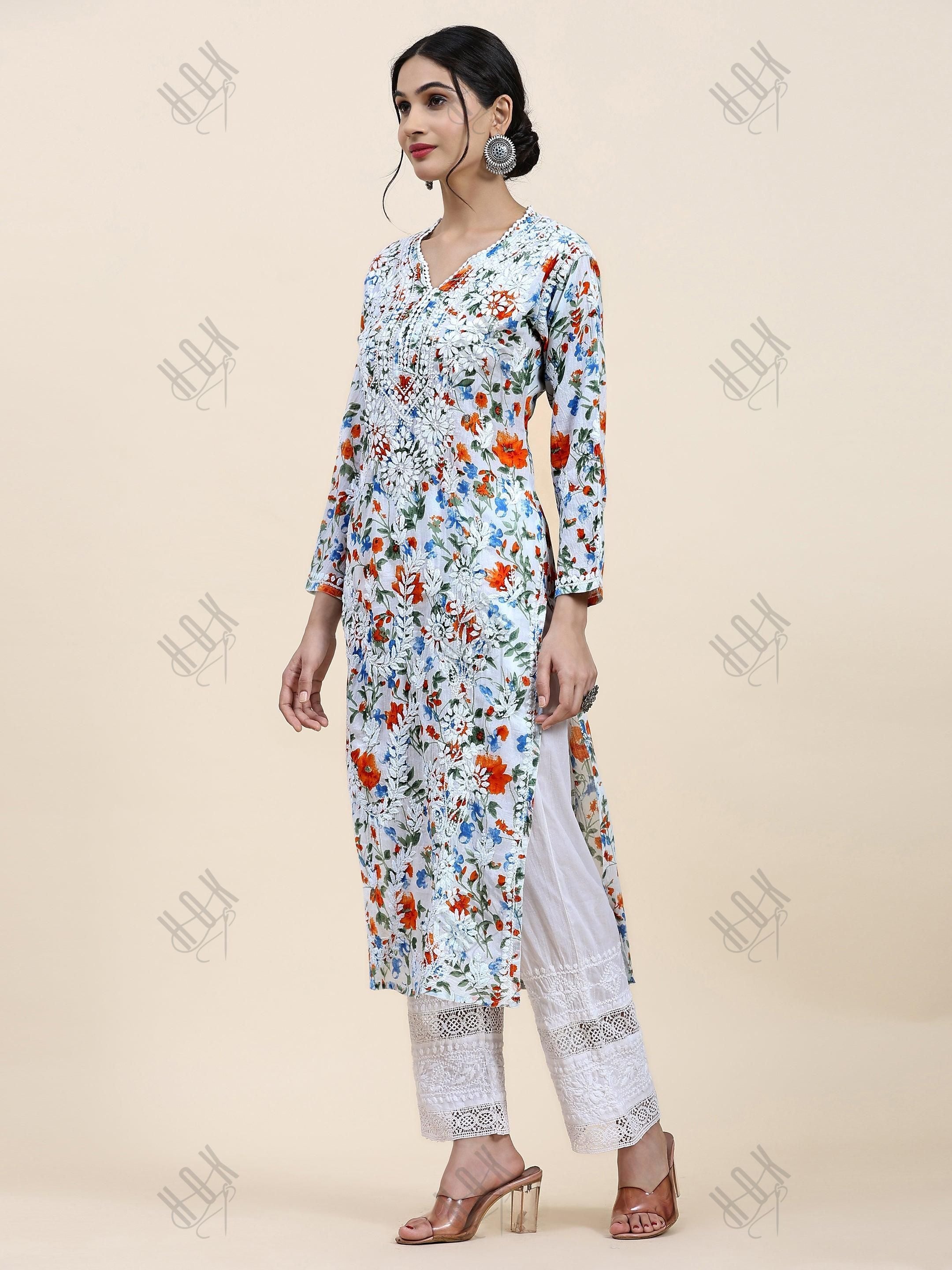 Samma Chikankari Long Kurta in Mul Cotton for Women - Blue with Orange Flower - House Of Kari (Chikankari Clothing)