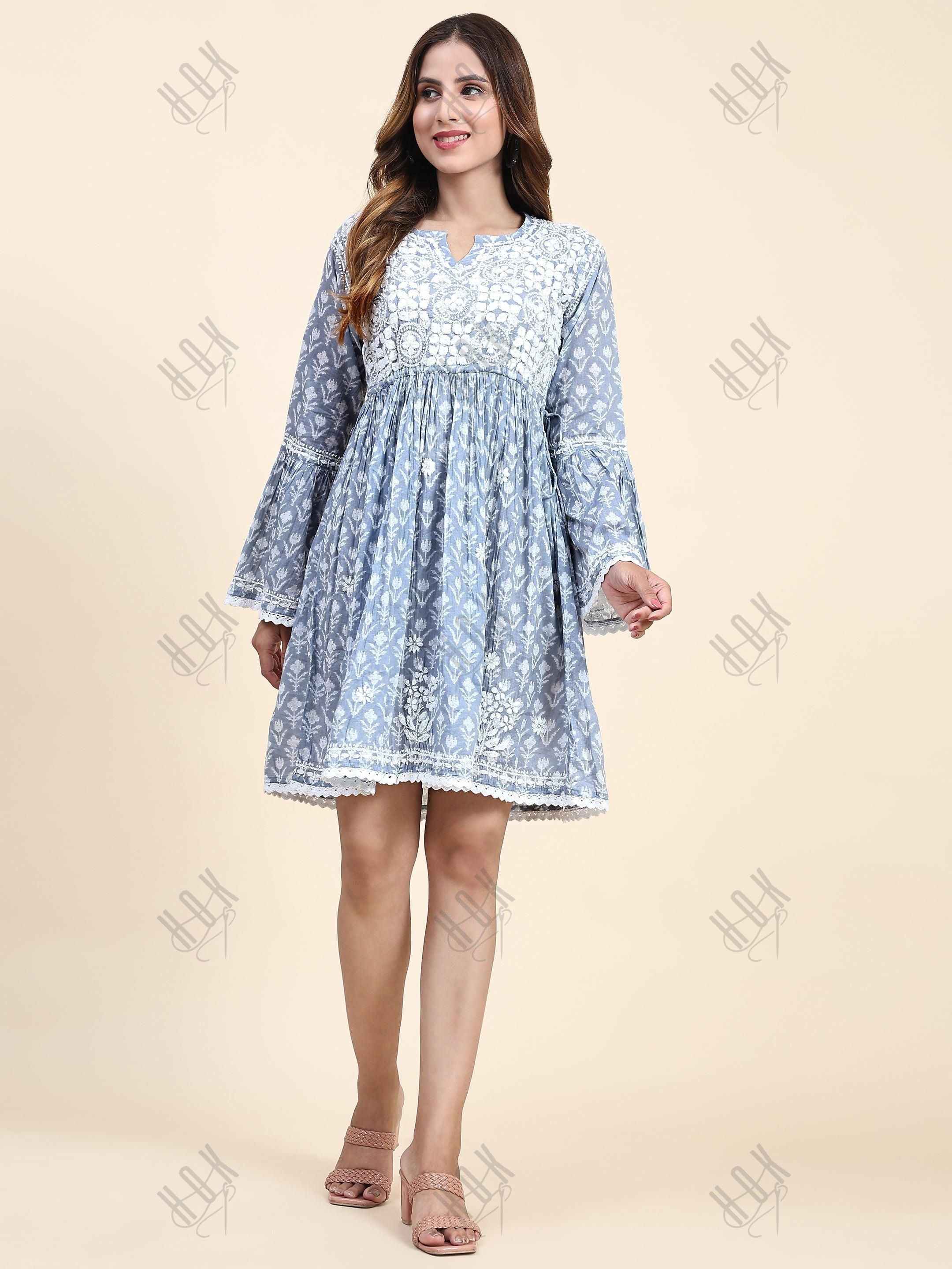 Samma C Chikankari Dress in Mul cotton -Blue - House Of Kari (Chikankari Clothing)