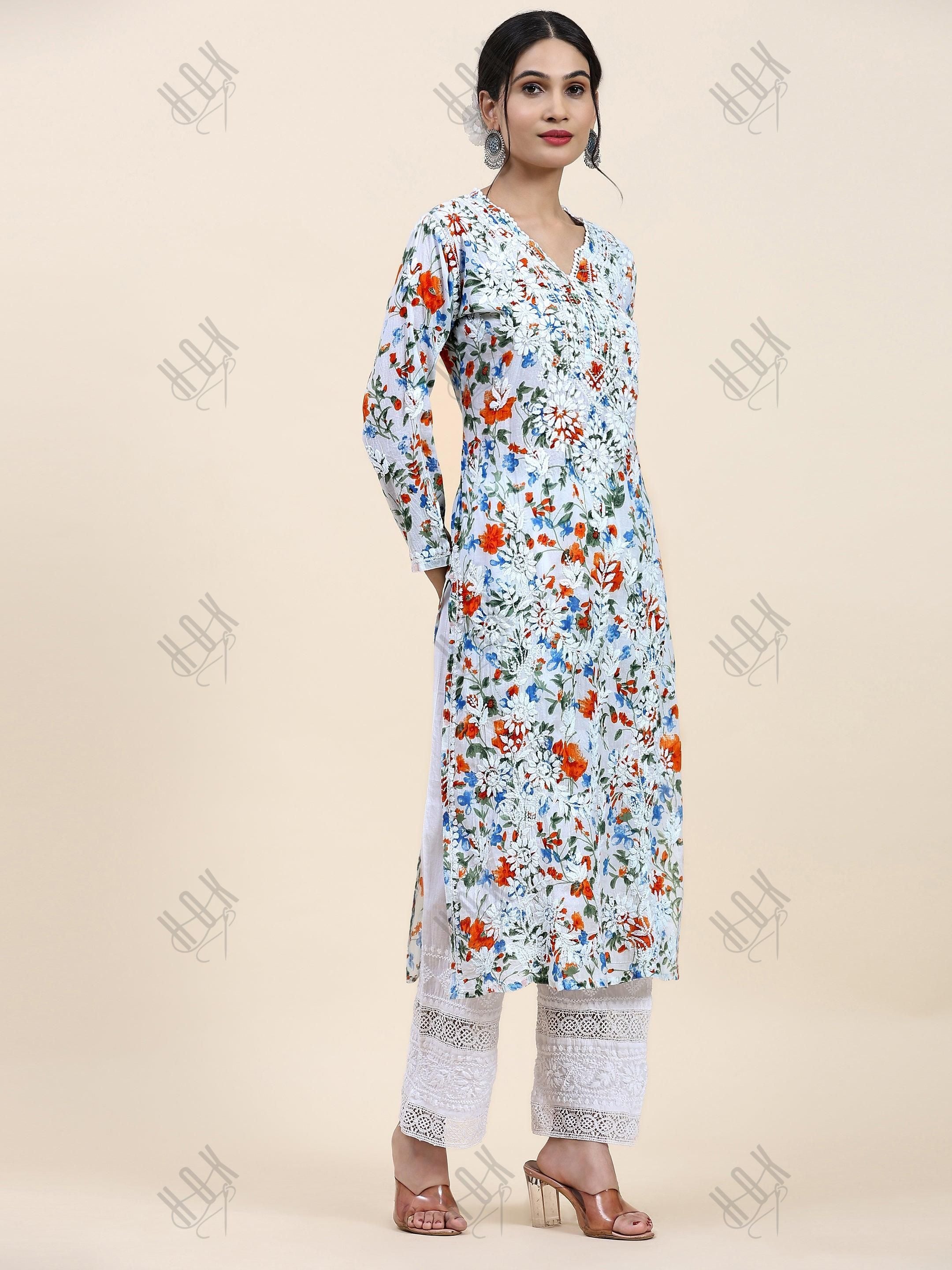 Samma Chikankari Long Kurta in Mul Cotton for Women - Blue with Orange Flower - House Of Kari (Chikankari Clothing)