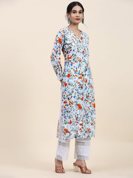 Samma Chikankari Long Kurta in Mul Cotton for Women - Blue with Orange Flower - House Of Kari (Chikankari Clothing)