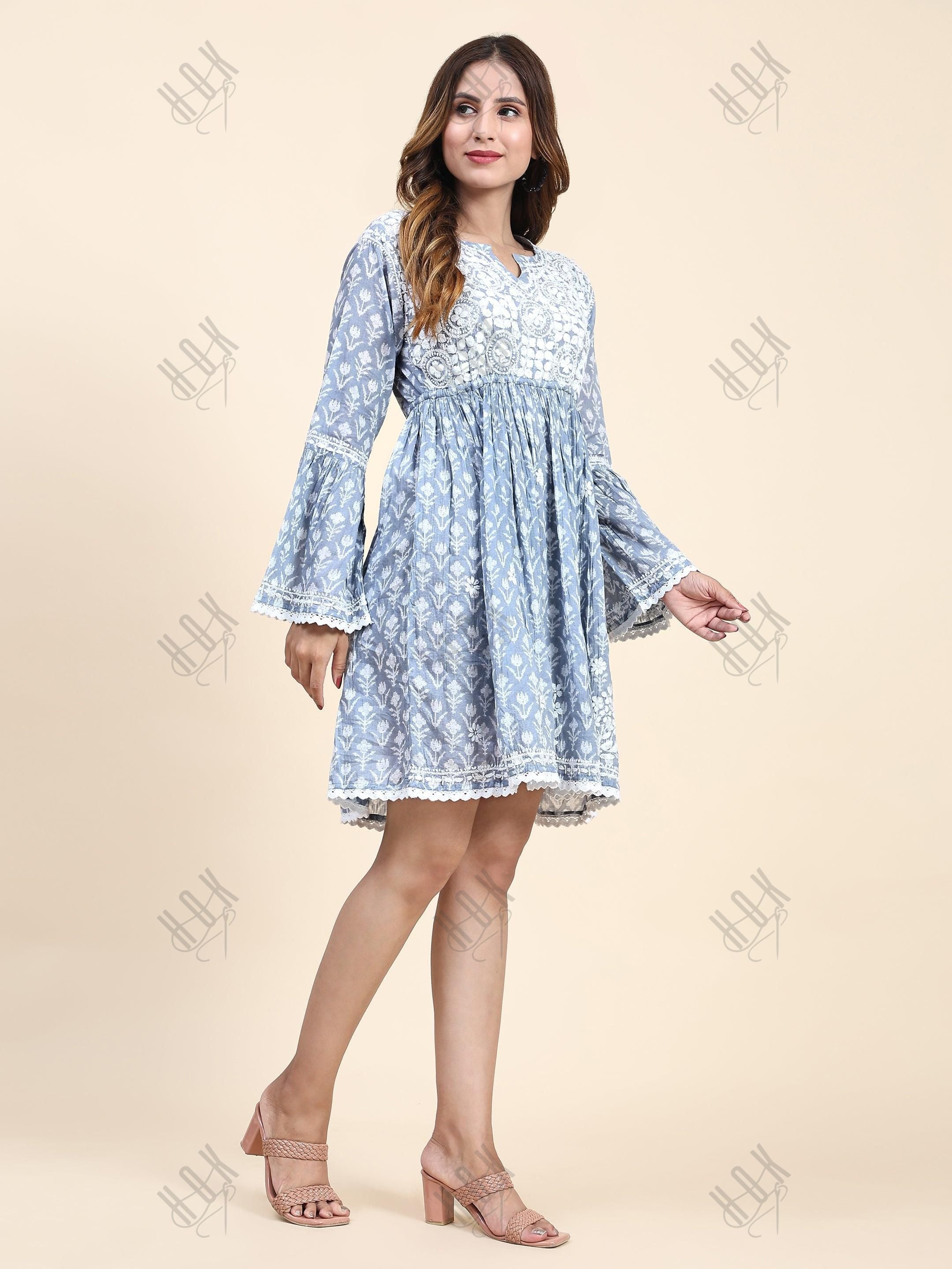 Samma C Chikankari Dress in Mul cotton -Blue - House Of Kari (Chikankari Clothing)