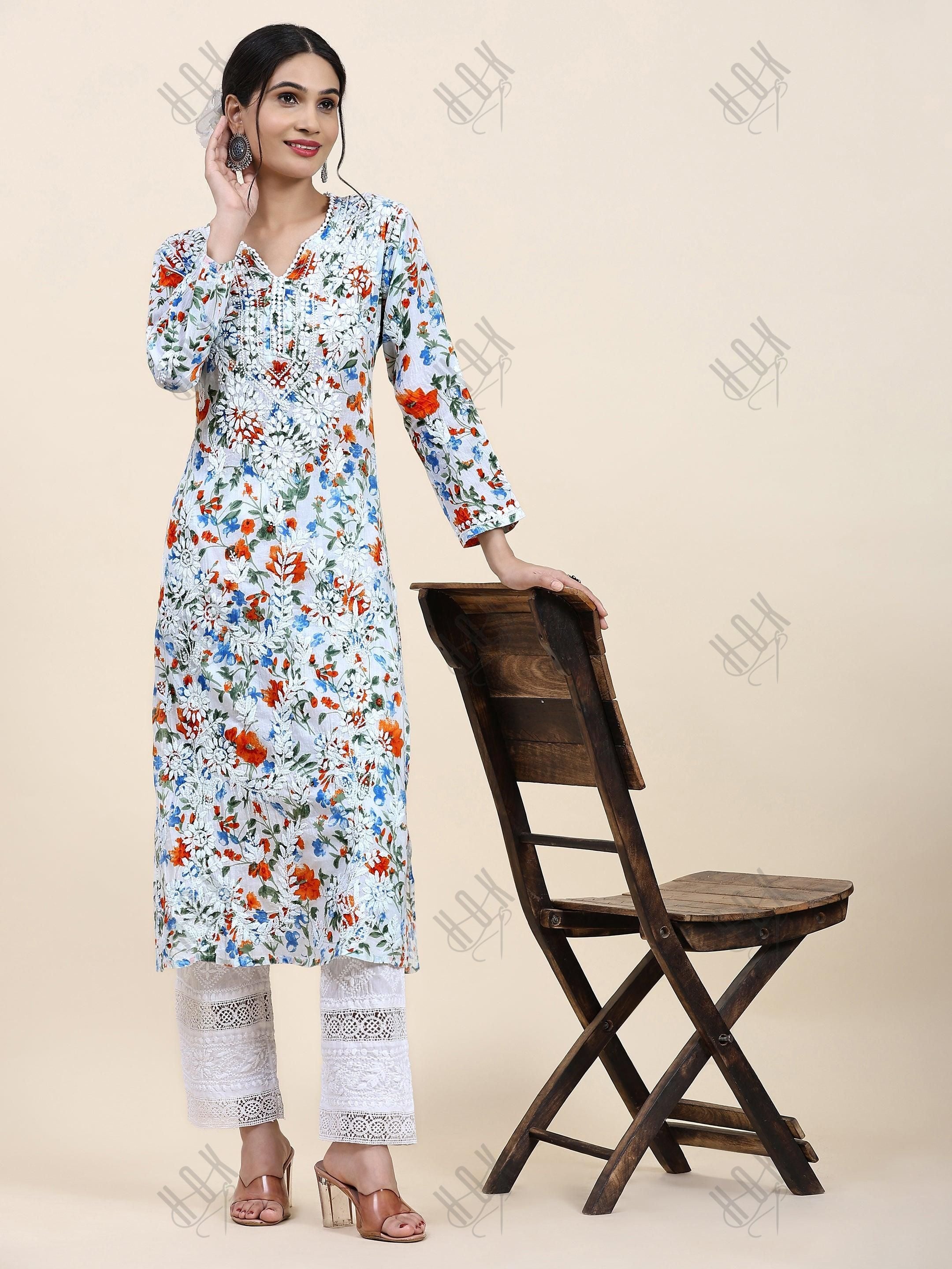 Samma Chikankari Long Kurta in Mul Cotton for Women - Blue with Orange Flower - House Of Kari (Chikankari Clothing)