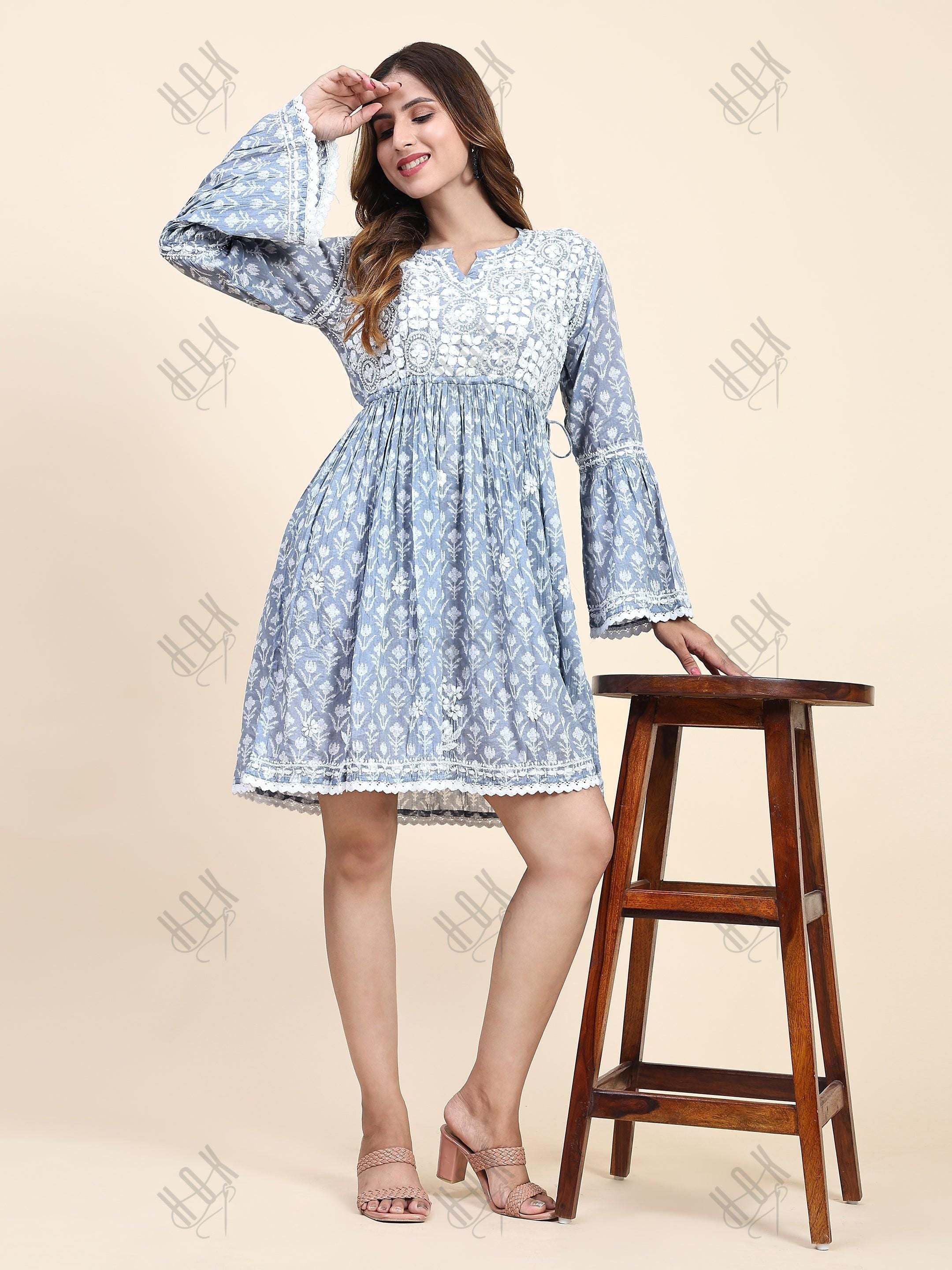 Samma C Chikankari Dress in Mul cotton -Blue - House Of Kari (Chikankari Clothing)