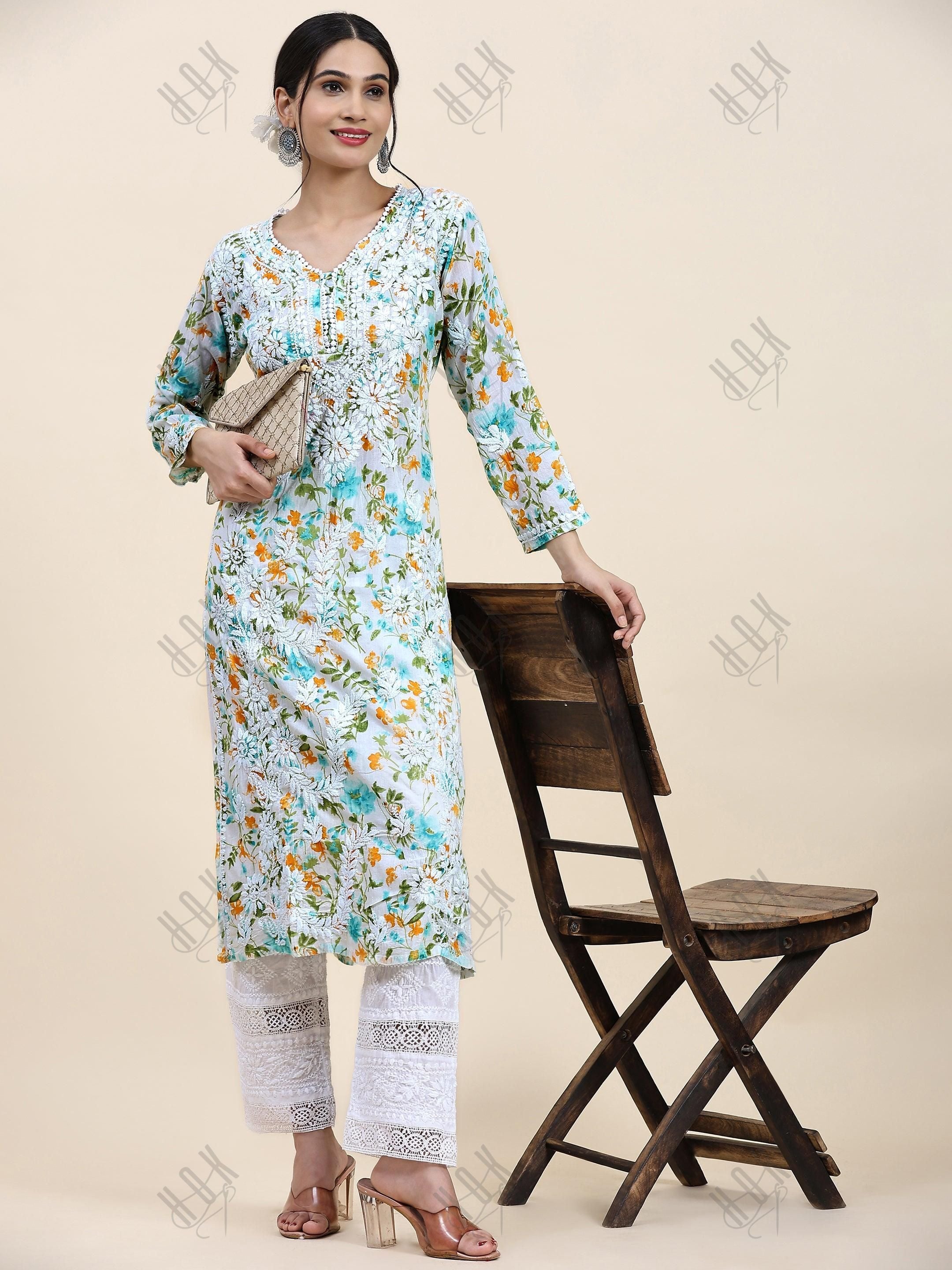 Samma Chikankari Long Kurta in Mul Cotton for Women - Light green with Yellow Flower - House Of Kari (Chikankari Clothing)