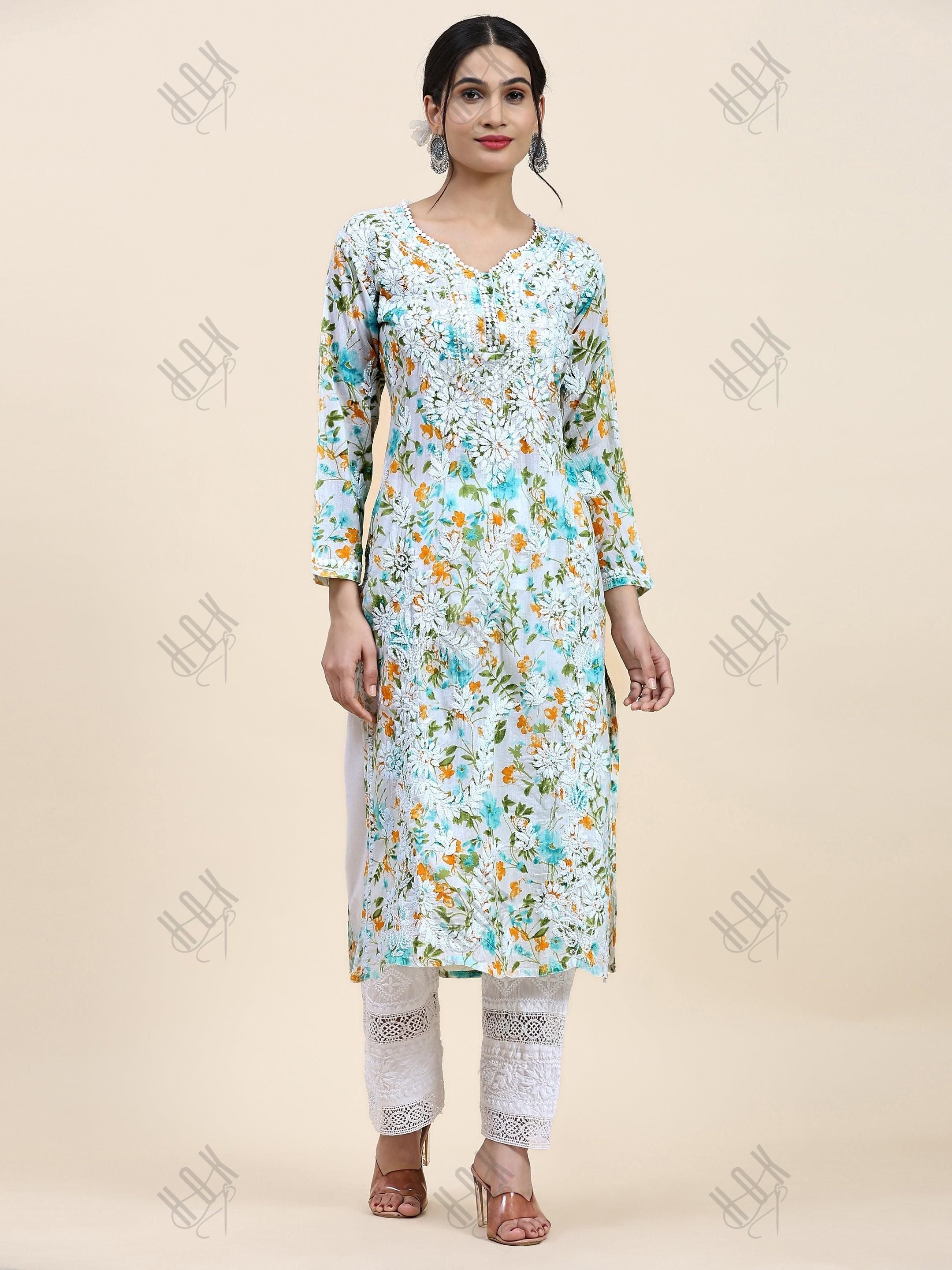 Samma Chikankari Long Kurta in Mul Cotton for Women - Light green with Yellow Flower - House Of Kari (Chikankari Clothing)