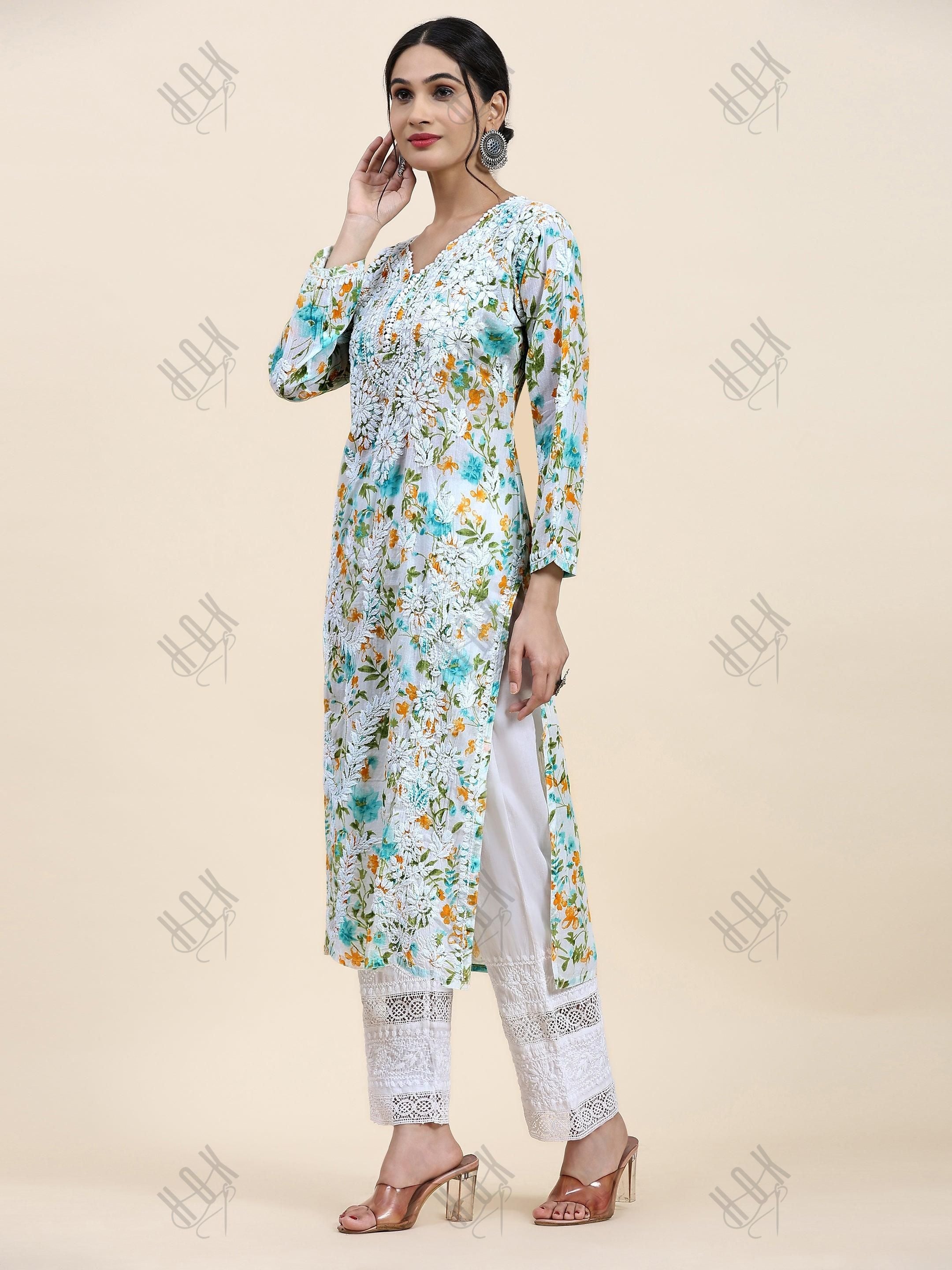 Samma Chikankari Long Kurta in Mul Cotton for Women - Light green with Yellow Flower - House Of Kari (Chikankari Clothing)