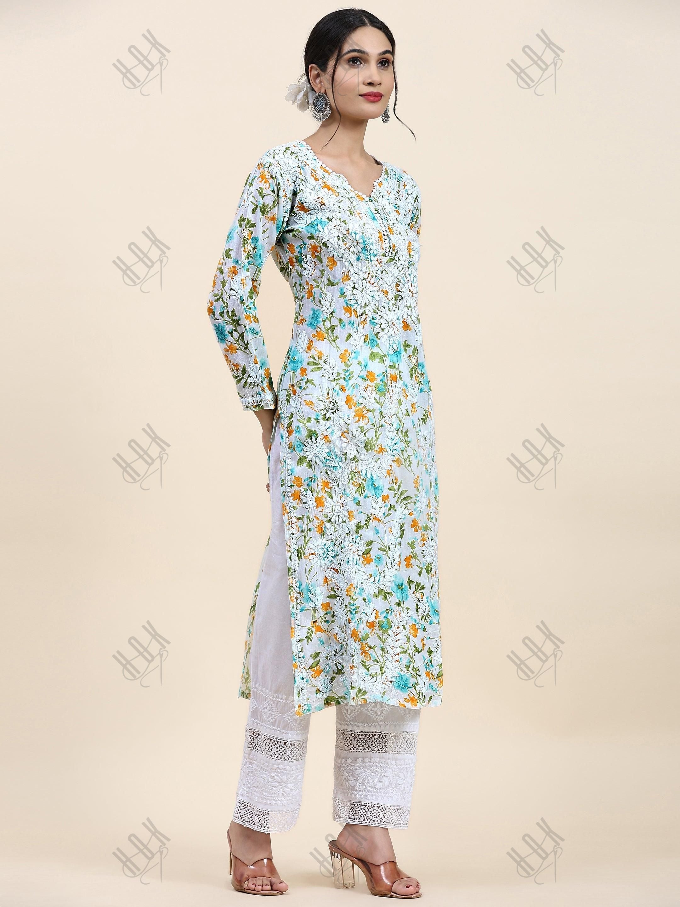 Samma Chikankari Long Kurta in Mul Cotton for Women - Light green with Yellow Flower - House Of Kari (Chikankari Clothing)