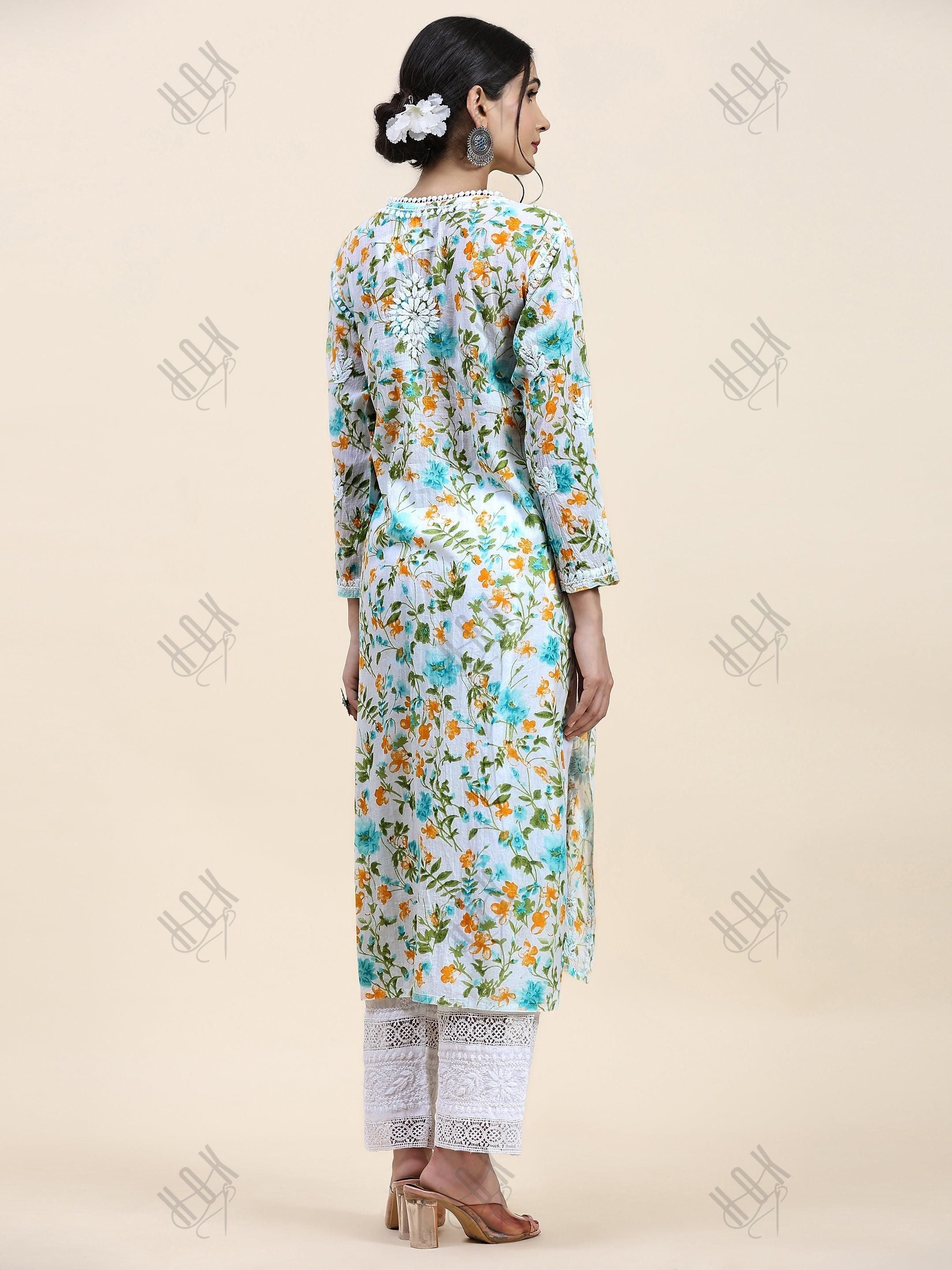 Samma Chikankari Long Kurta in Mul Cotton for Women - Light green with Yellow Flower - House Of Kari (Chikankari Clothing)