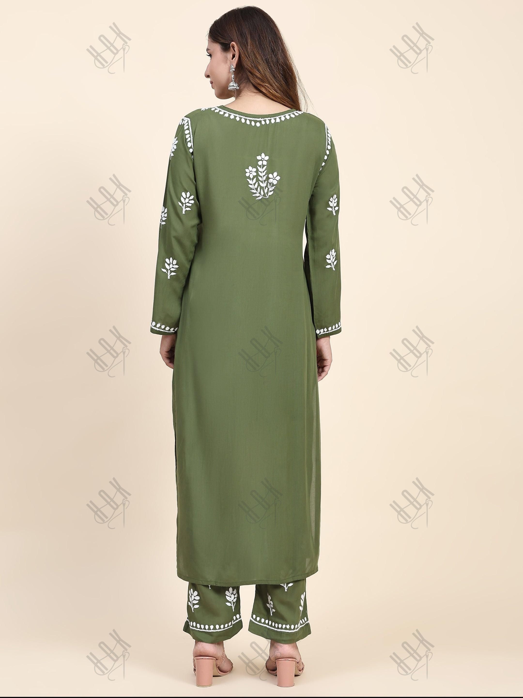 Tarika in Fizaa Chikankari Long Modal Kurta Set - Bottle Green - House Of Kari (Chikankari Clothing)