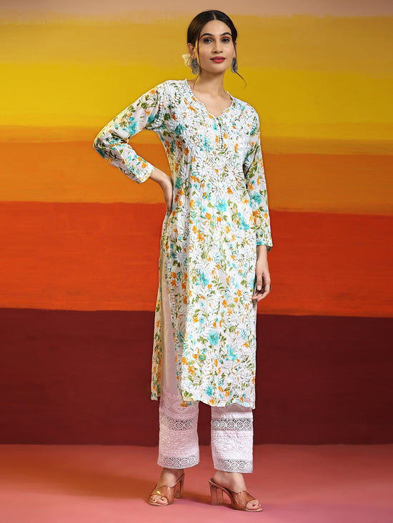 Samma Chikankari Long Kurta in Mul Cotton for Women - Light green with Yellow Flower - House Of Kari (Chikankari Clothing)