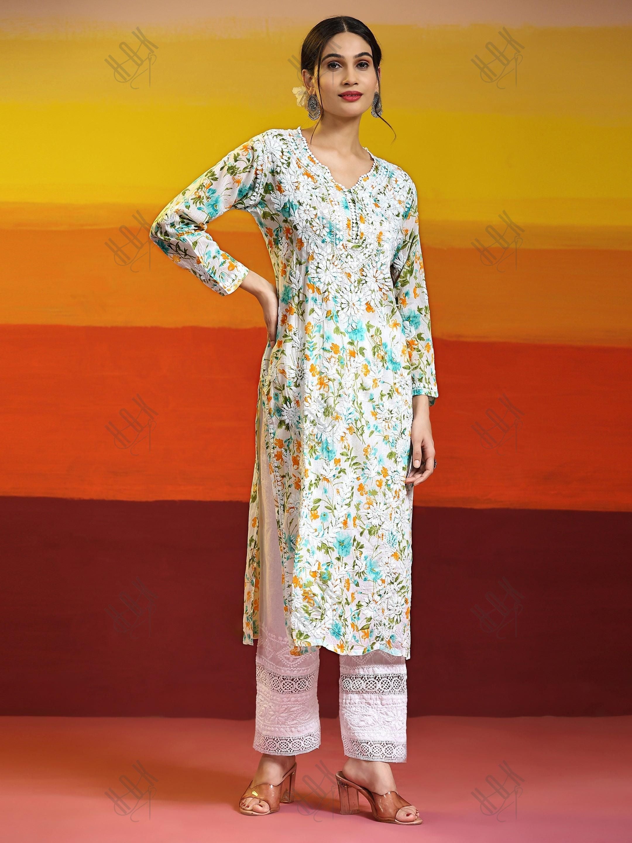 Samma Chikankari Long Kurta in Mul Cotton for Women - Light green with Yellow Flower - House Of Kari (Chikankari Clothing)