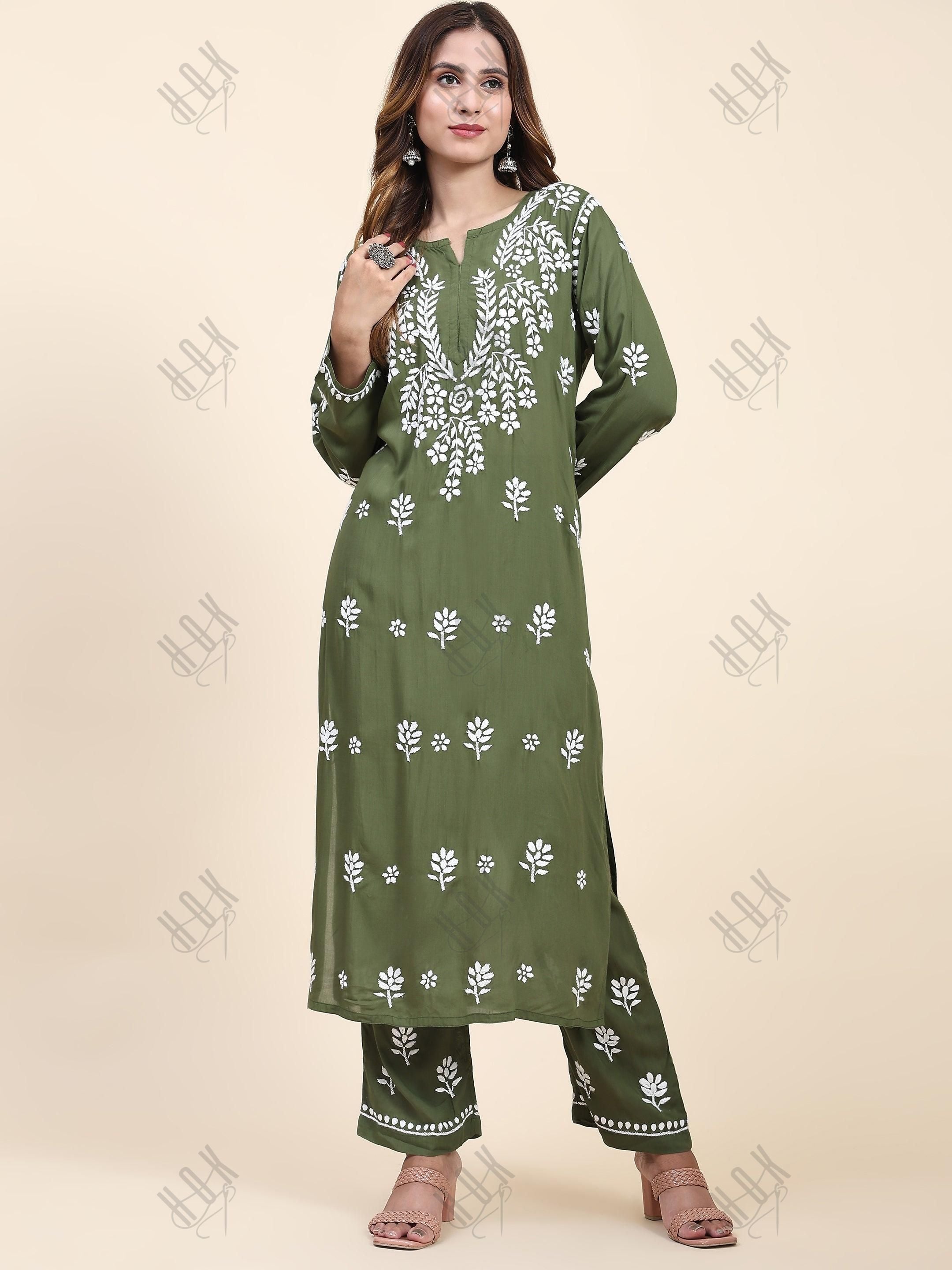 Tarika in Fizaa Chikankari Long Modal Kurta Set - Bottle Green - House Of Kari (Chikankari Clothing)