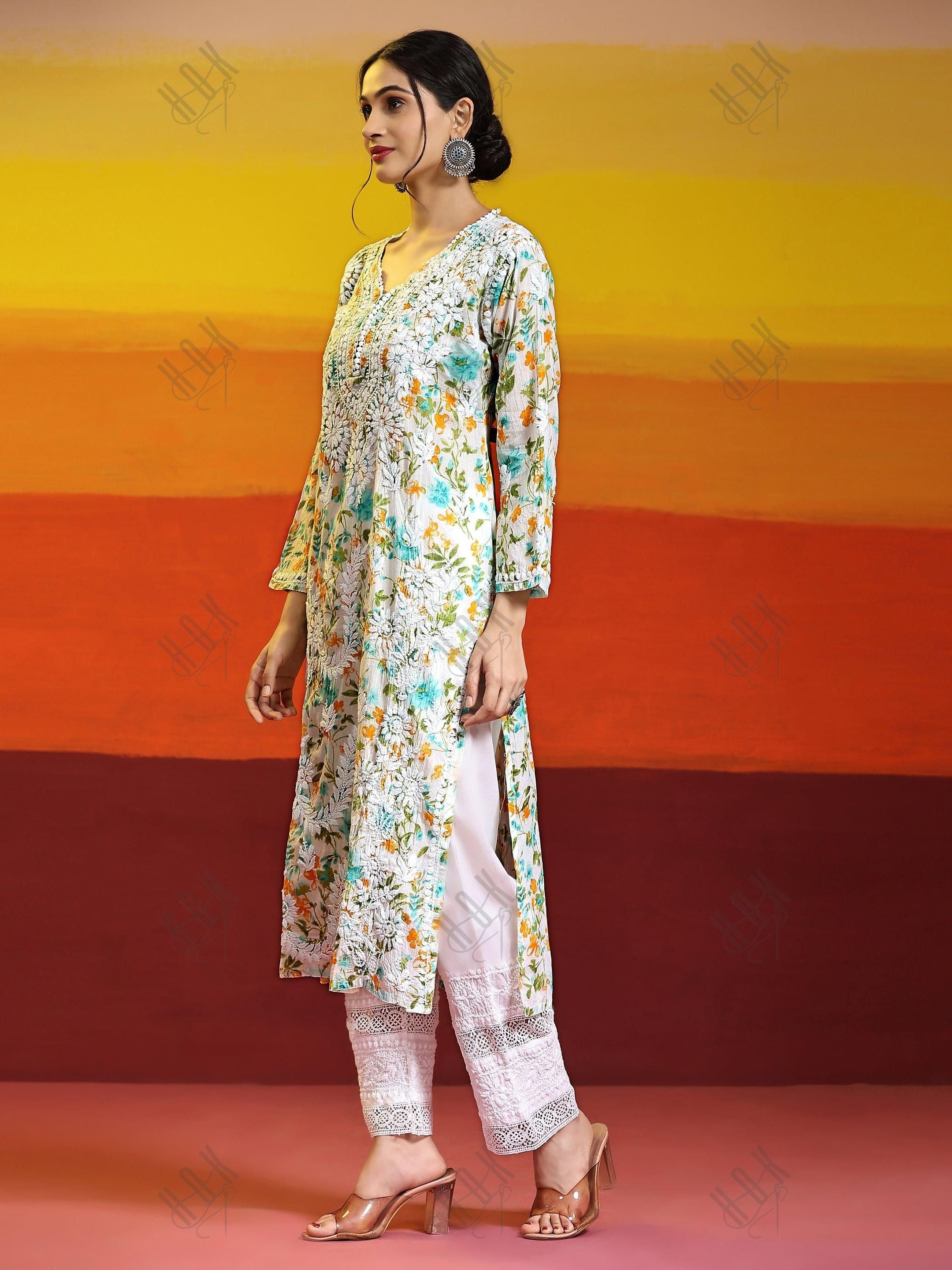 Samma Chikankari Long Kurta in Mul Cotton for Women - Light green with Yellow Flower - House Of Kari (Chikankari Clothing)