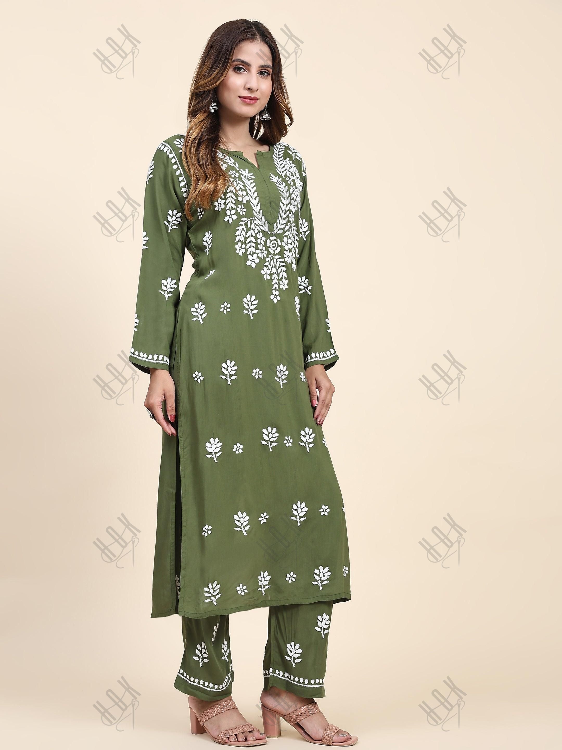 Tarika in Fizaa Chikankari Long Modal Kurta Set - Bottle Green - House Of Kari (Chikankari Clothing)