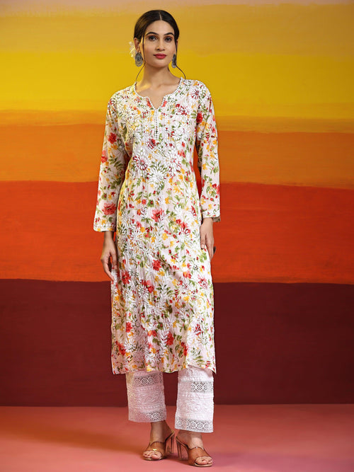 Load image into Gallery viewer, Samma Chikankari Long Kurta in Mul Cotton for Women - Pink with Green Flower - House Of Kari (Chikankari Clothing)
