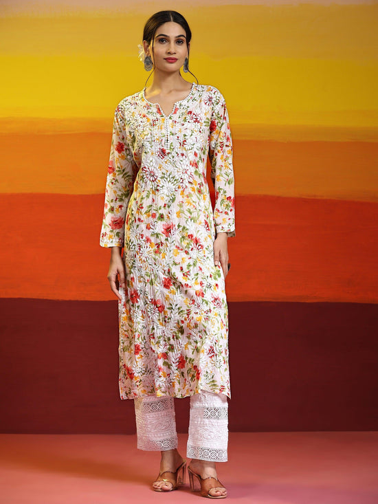 Ishita Chikankari Long Kurta in Mul Cotton for Women - Pink with Green Flower - House Of Kari (Chikankari Clothing)