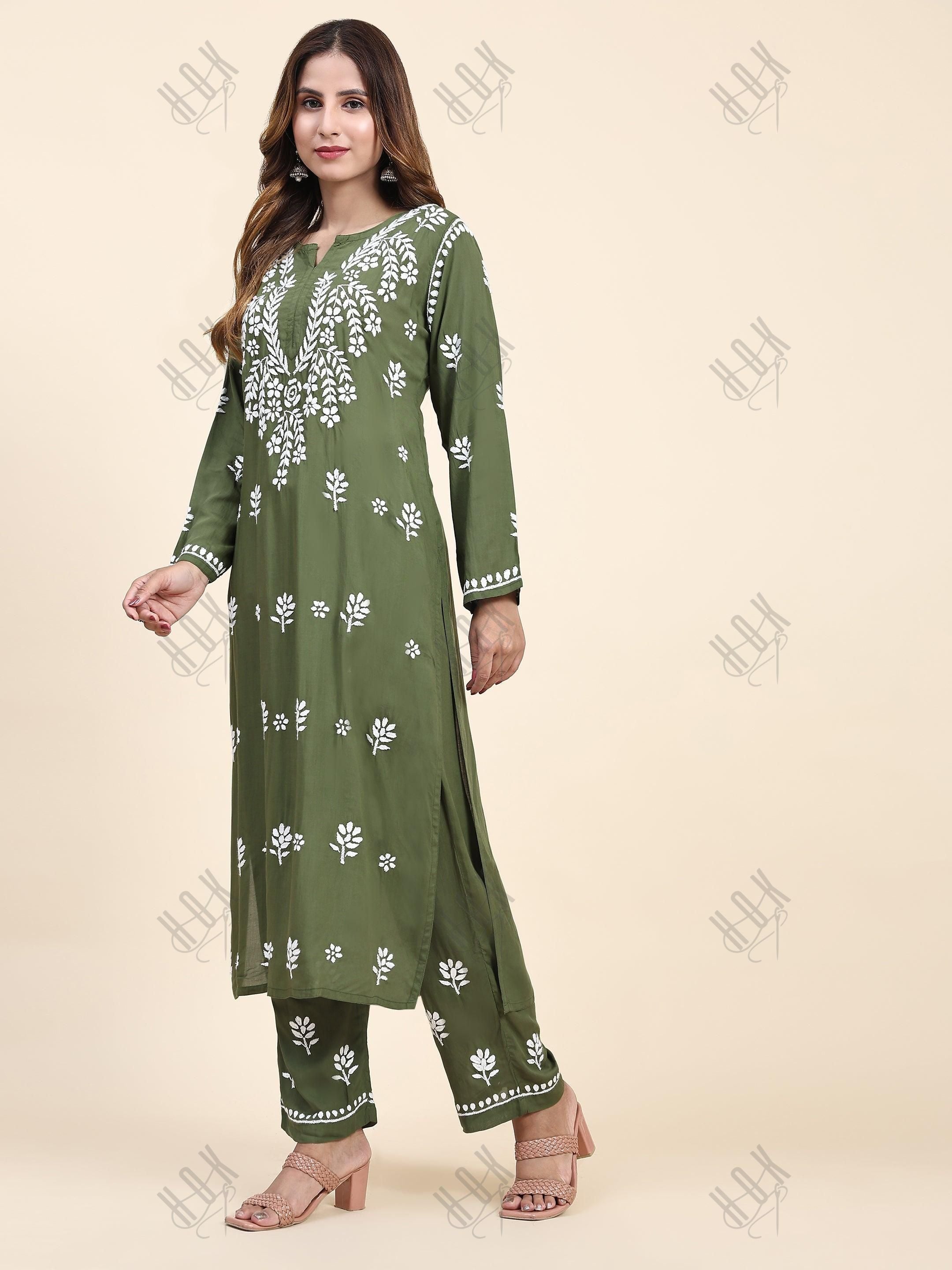 Tarika in Fizaa Chikankari Long Modal Kurta Set - Bottle Green - House Of Kari (Chikankari Clothing)