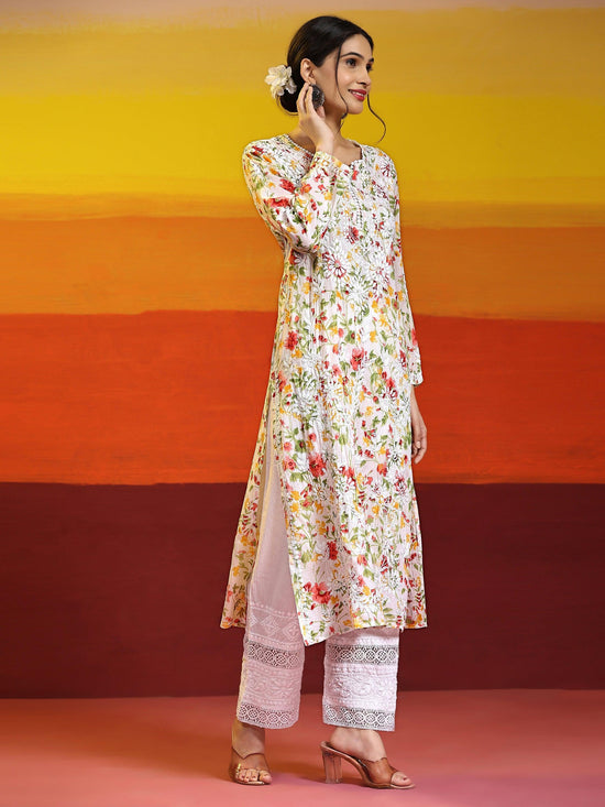 Ishita Chikankari Long Kurta in Mul Cotton for Women - Pink with Green Flower - House Of Kari (Chikankari Clothing)